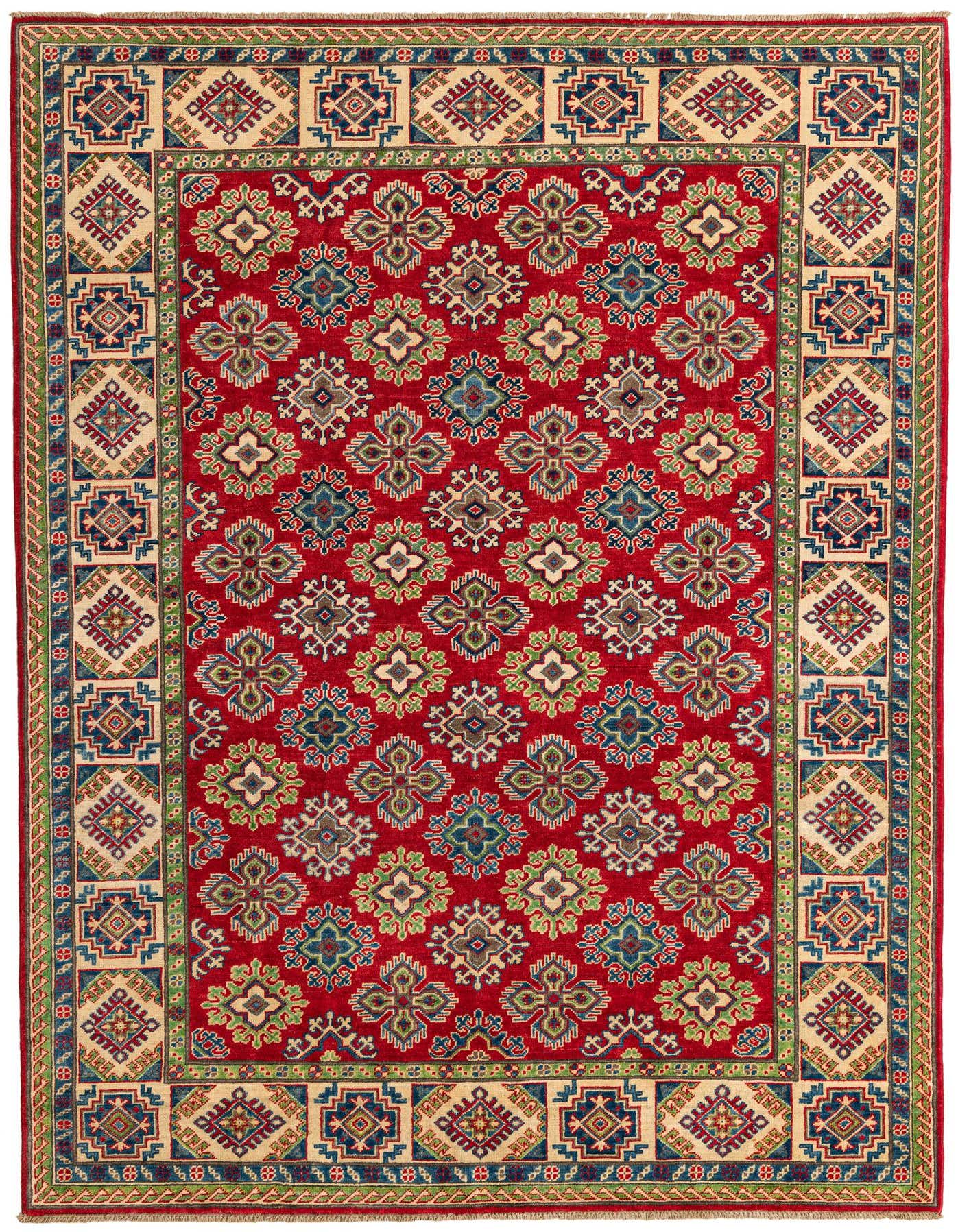 A 6x9 rectangular red area rug with a traditional Southwestern pattern and a cream border.