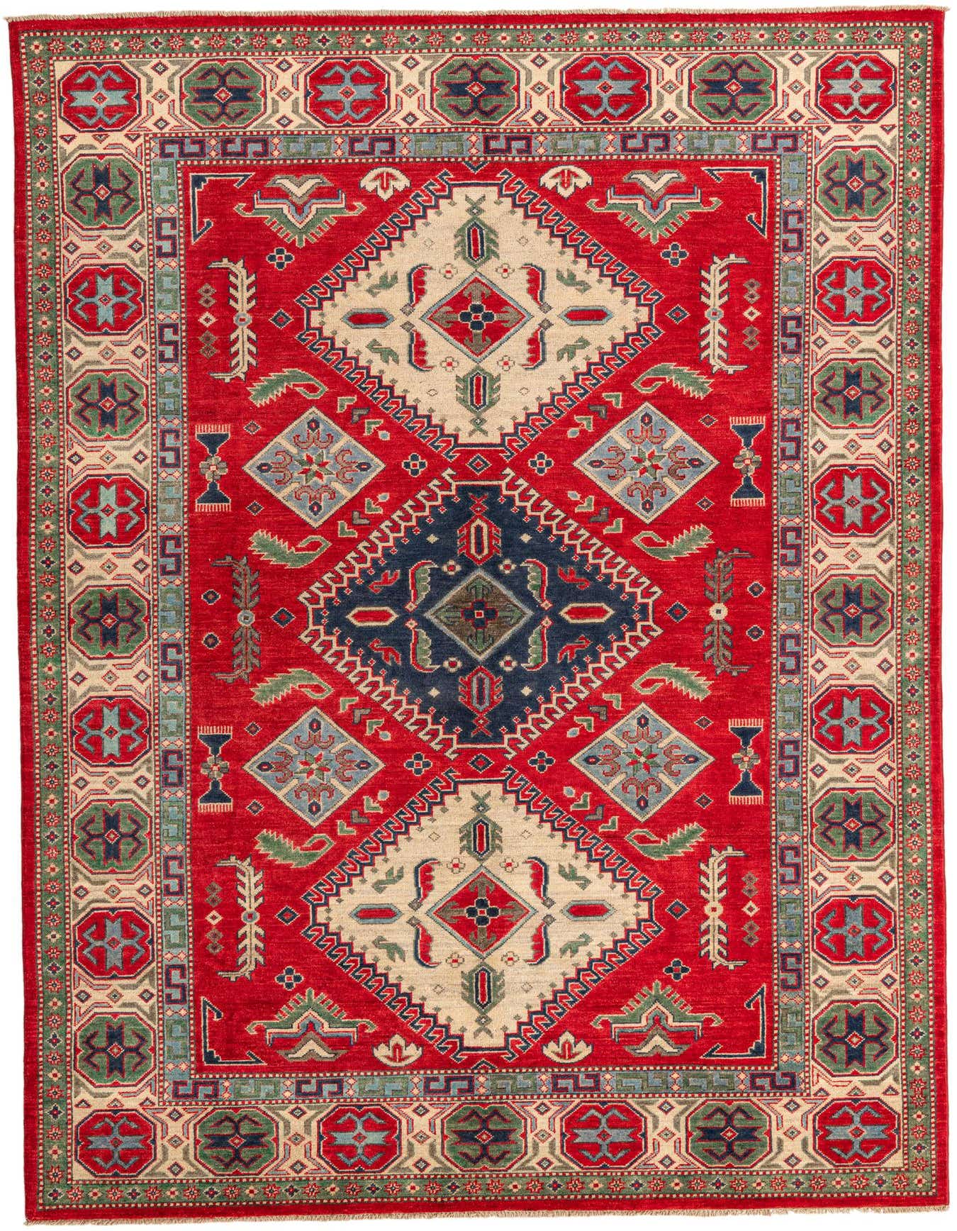 A 6x9 rectangular red rug with a traditional Southwestern medallion pattern in cream, navy, and green.