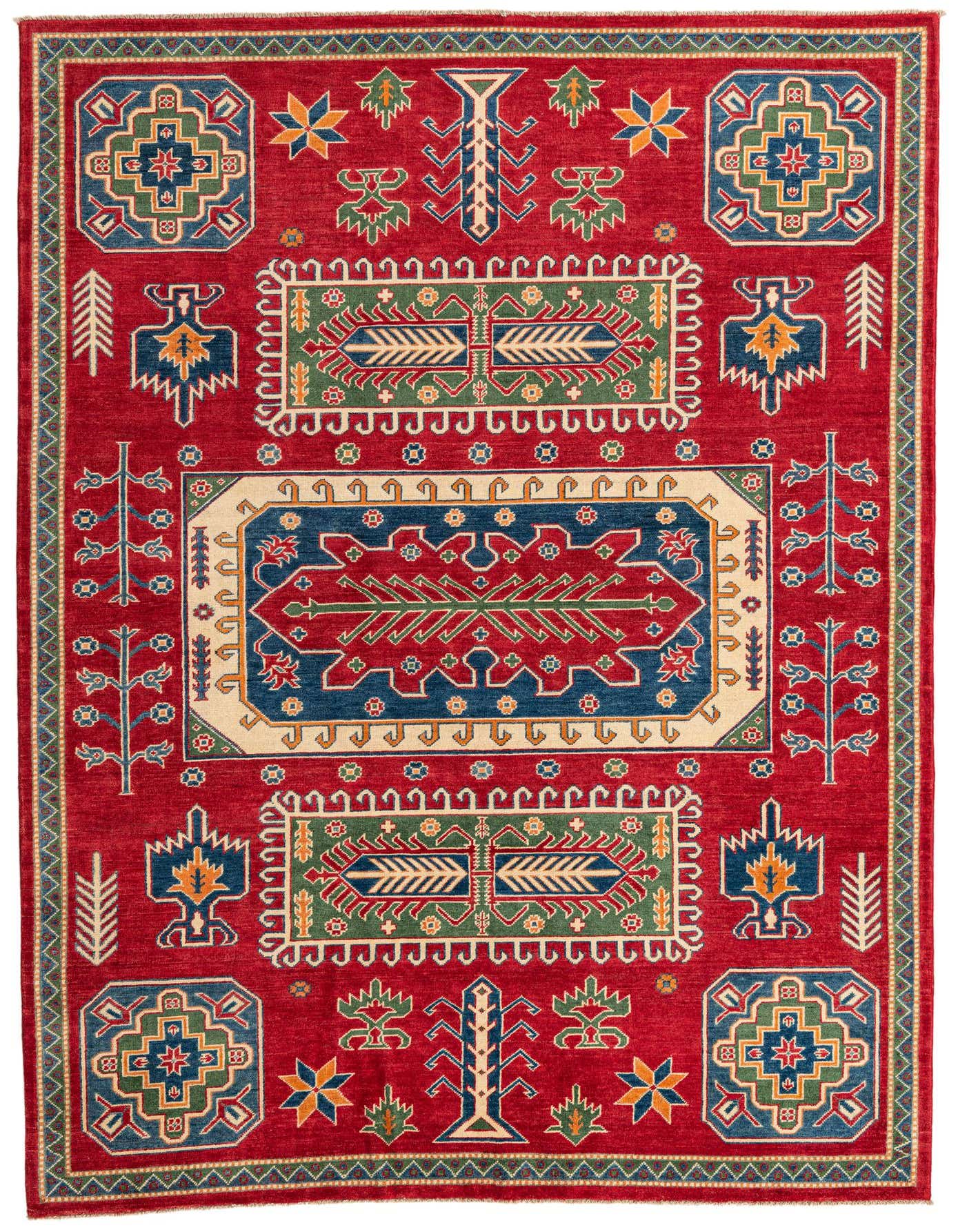 A 7x10 rectangular red Kazak rug featuring intricate traditional Southwestern and Oriental patterns in blue, green, and cream.