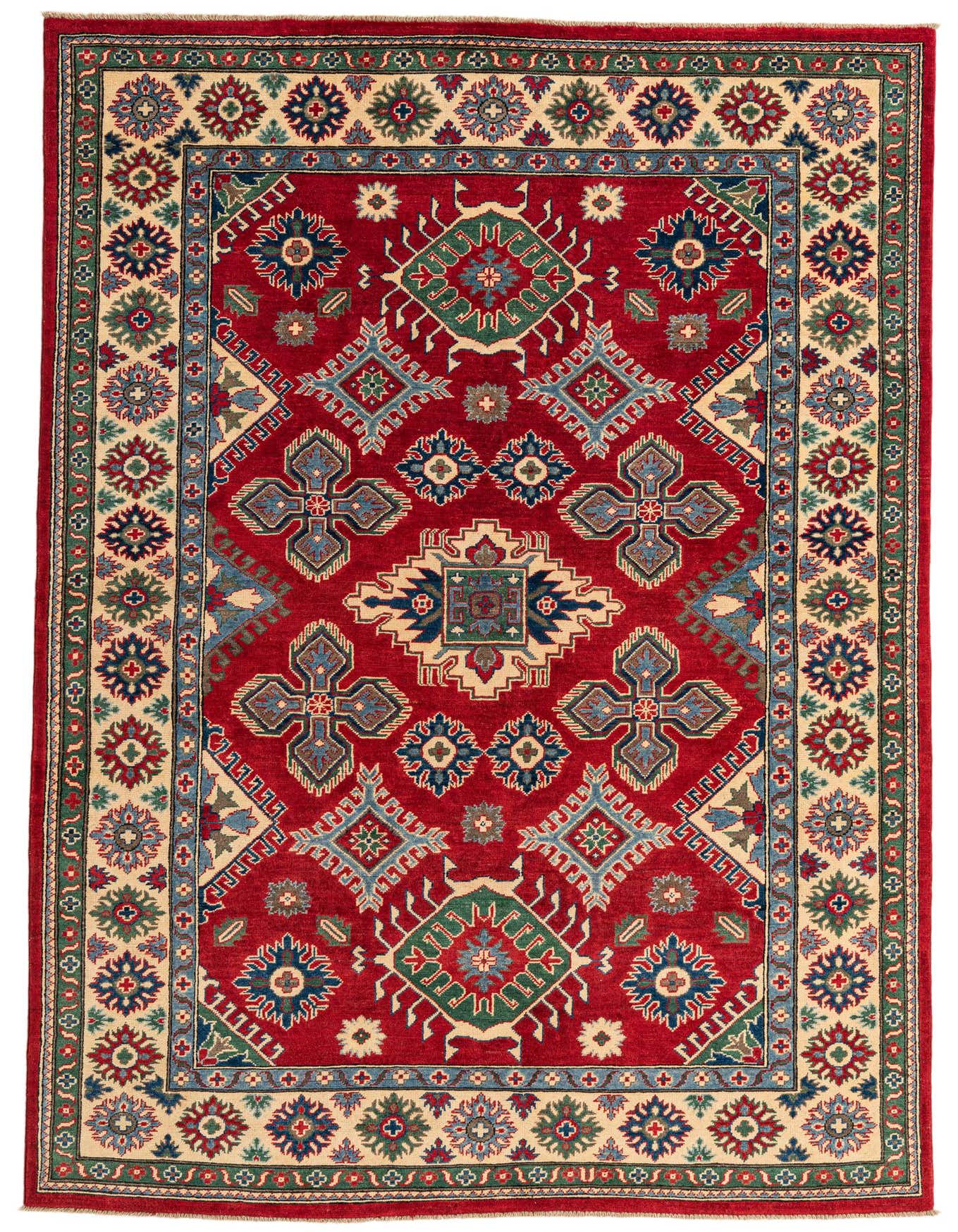 A 6x9 rectangular red traditional Kazak rug with intricate geometric patterns in blue, green, and cream.