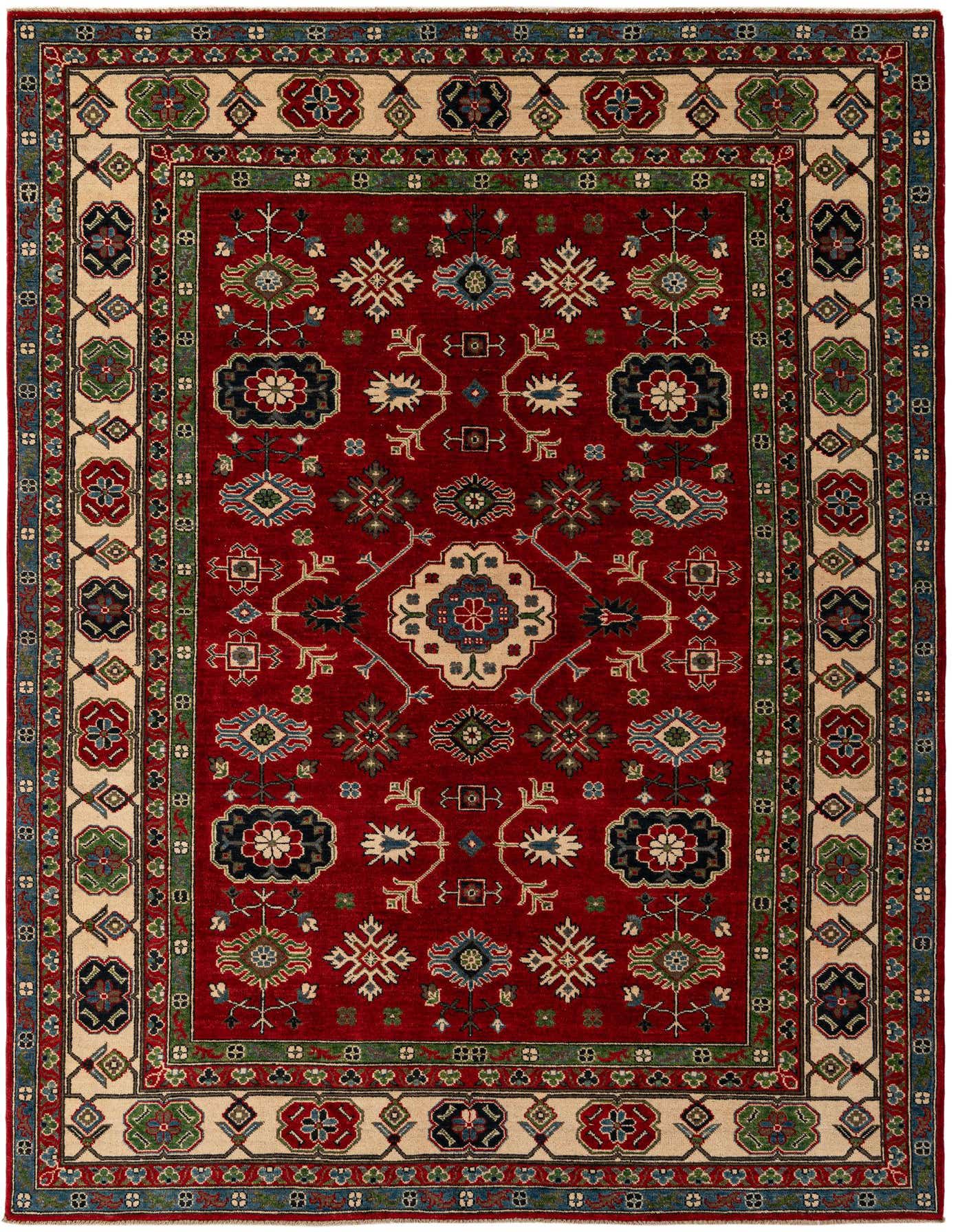 A 7x10 rectangular red traditional rug with an intricate Southwestern pattern and a cream border, ideal for a living room.