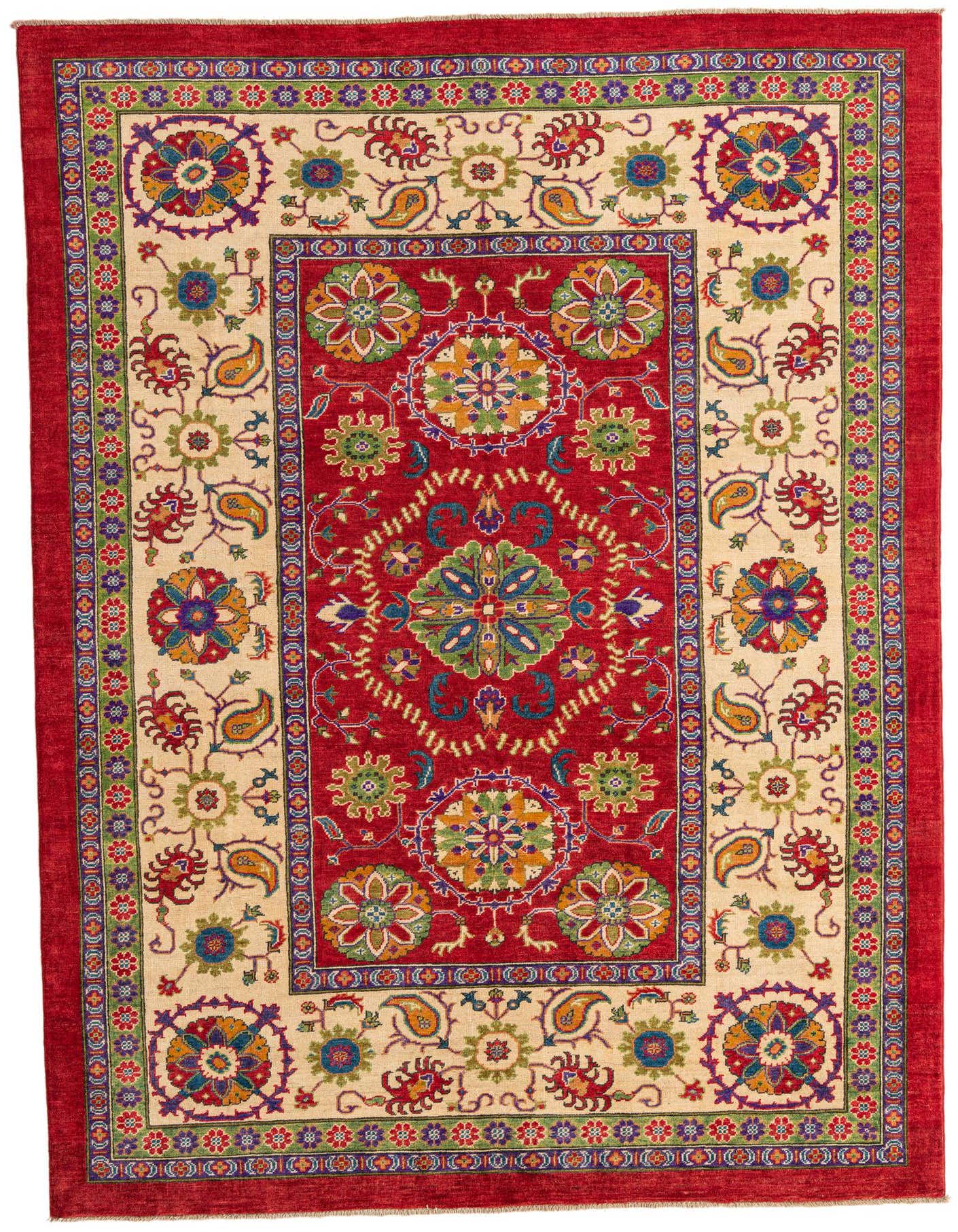 A 7x10 rectangular Rugs.com Kazak rug featuring a vibrant red medallion center and a cream border with colorful floral and paisley patterns.