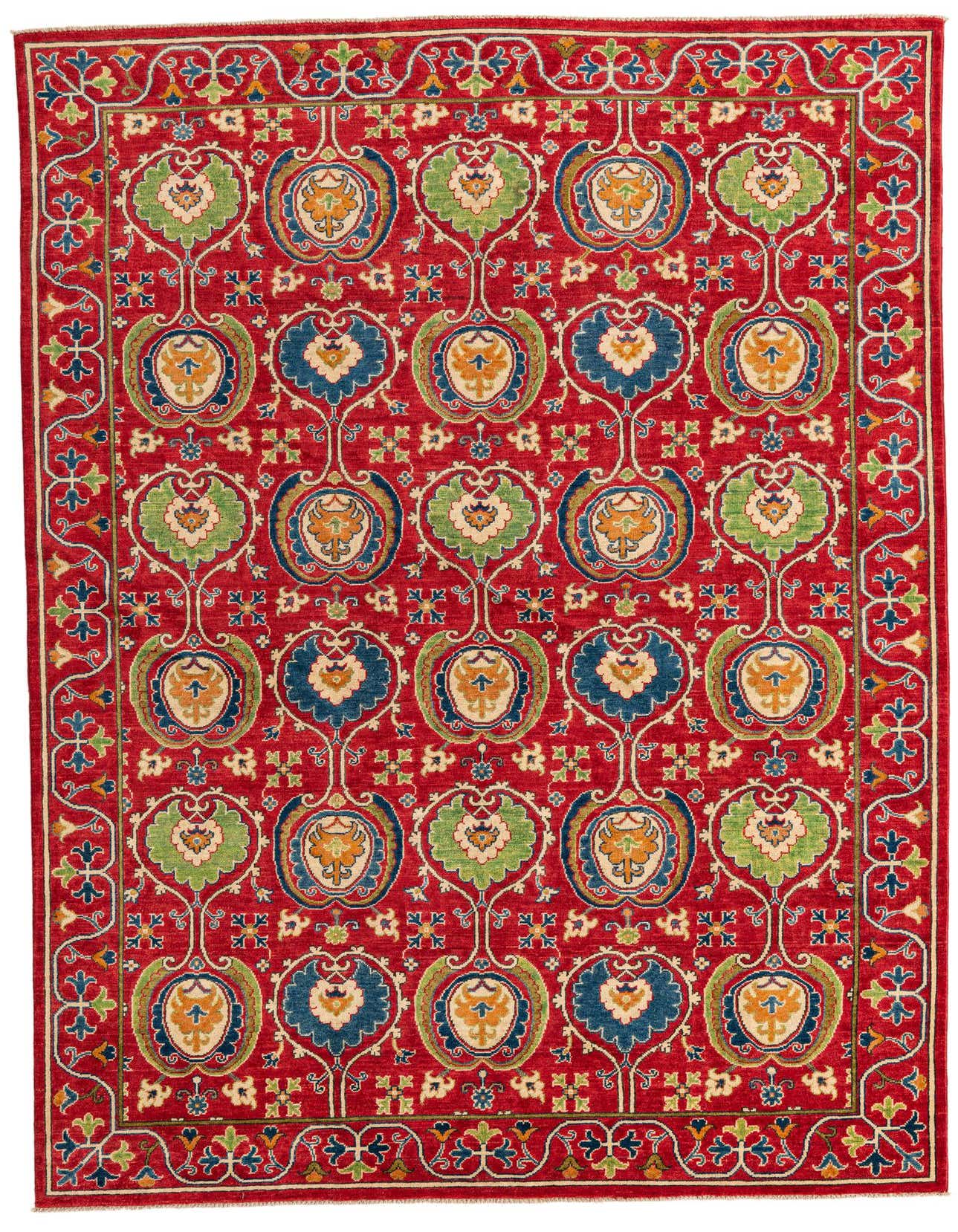 A 7x10 rectangular red rug with a traditional Southwestern pattern featuring blue, green, and orange medallions and a complementary border.