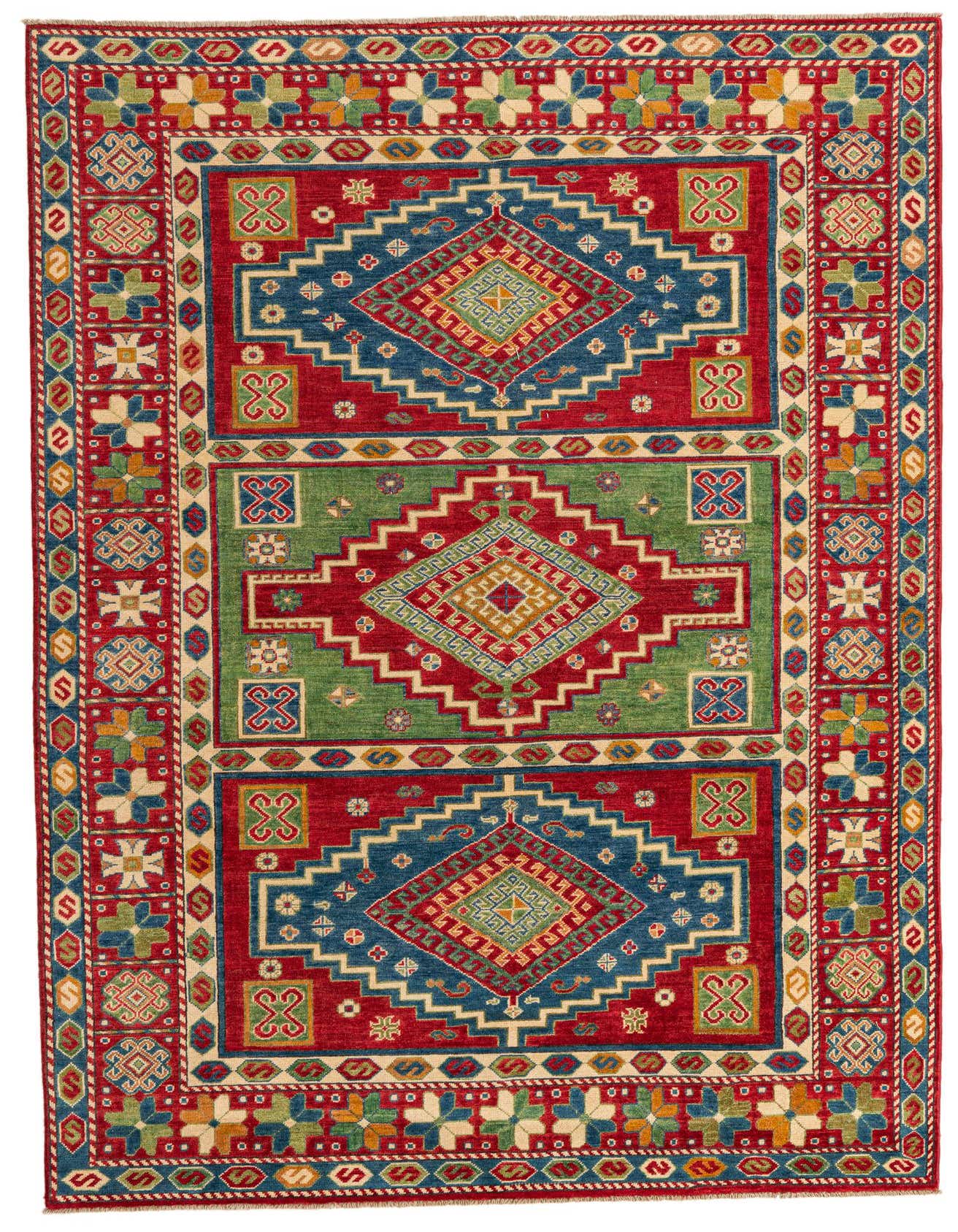 A 6x9 rectangular Kazak rug with a traditional Southwestern pattern in vibrant reds, blues, greens, and gold, featuring a central medallion and intricate borders.
