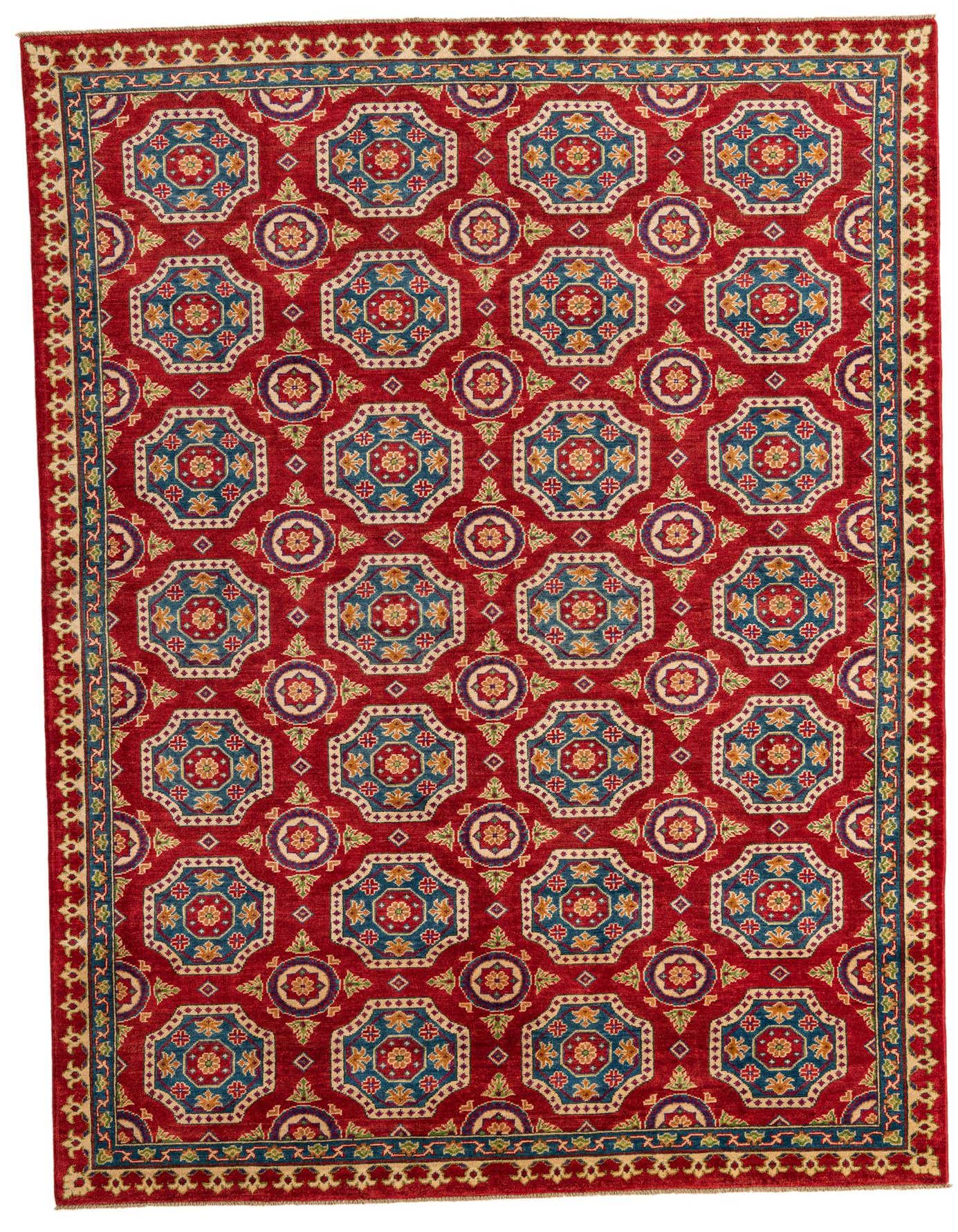 A 7x10 rectangular red Kazak rug with traditional Southwestern and Oriental patterns in blue, gold, and cream.
