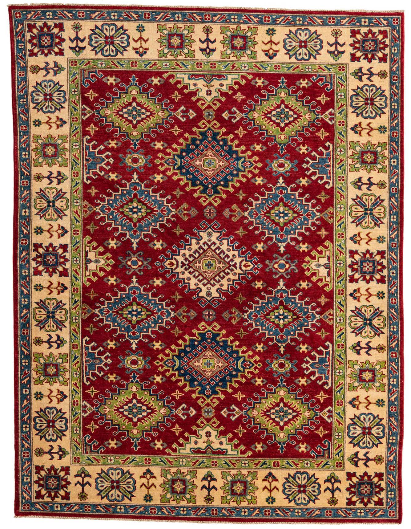 A 7x10 rectangular red rug with a traditional Southwestern pattern, featuring a beige border with blue and green floral motifs.
