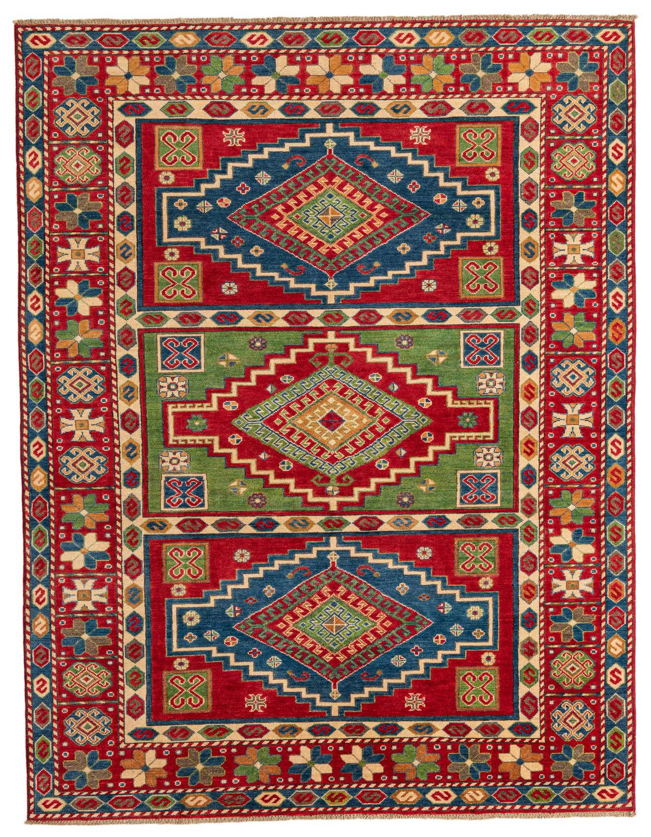 A 6x9 rectangular Rugs.com Kazak rug with a traditional Southwestern pattern in vibrant reds, blues, and greens.