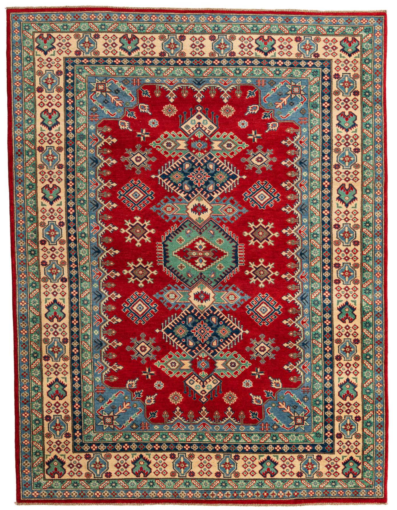 A 6x9 rectangular red area rug with a traditional Southwestern medallion pattern in blues, greens, and cream.