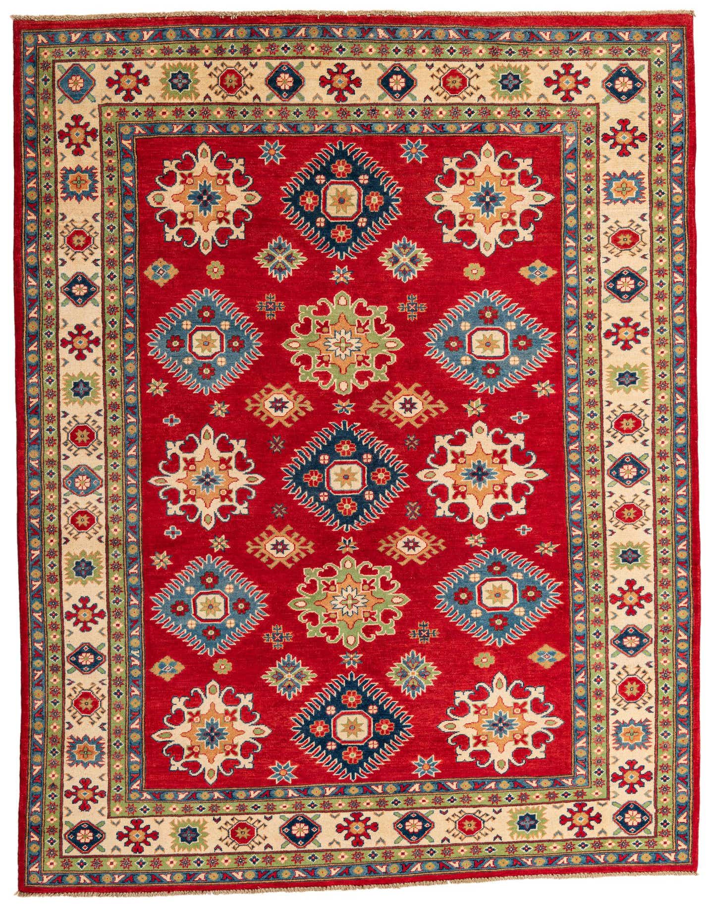 A 7x10 rectangular red Kazak rug with traditional Southwestern and Oriental patterns in blue, green, and cream.