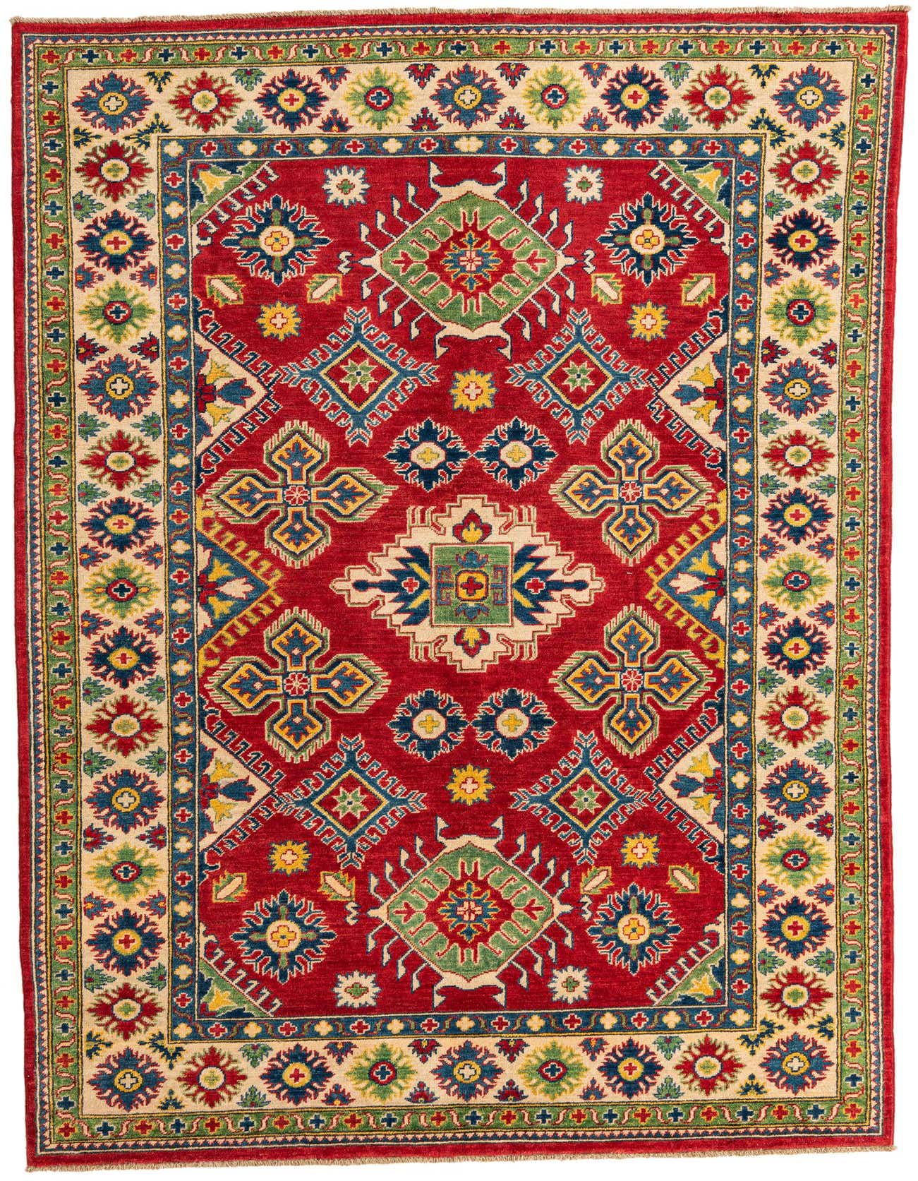 A 6x9 rectangular Rugs.com Kazak rug featuring a bold red field with intricate traditional Southwestern and Oriental patterns in blue, green, yellow, and cream, framed by a detailed border.