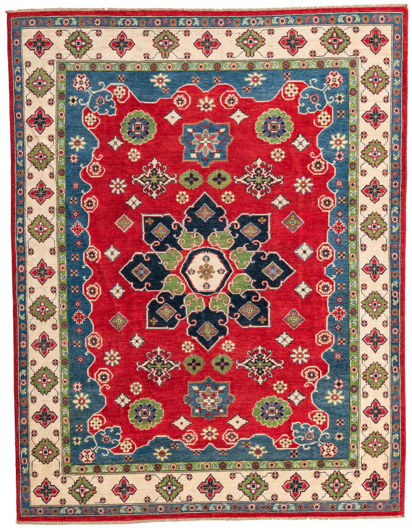 A 7x10 rectangular red rug with a traditional Southwestern medallion pattern in blue, green, and cream, ideal for a living room.