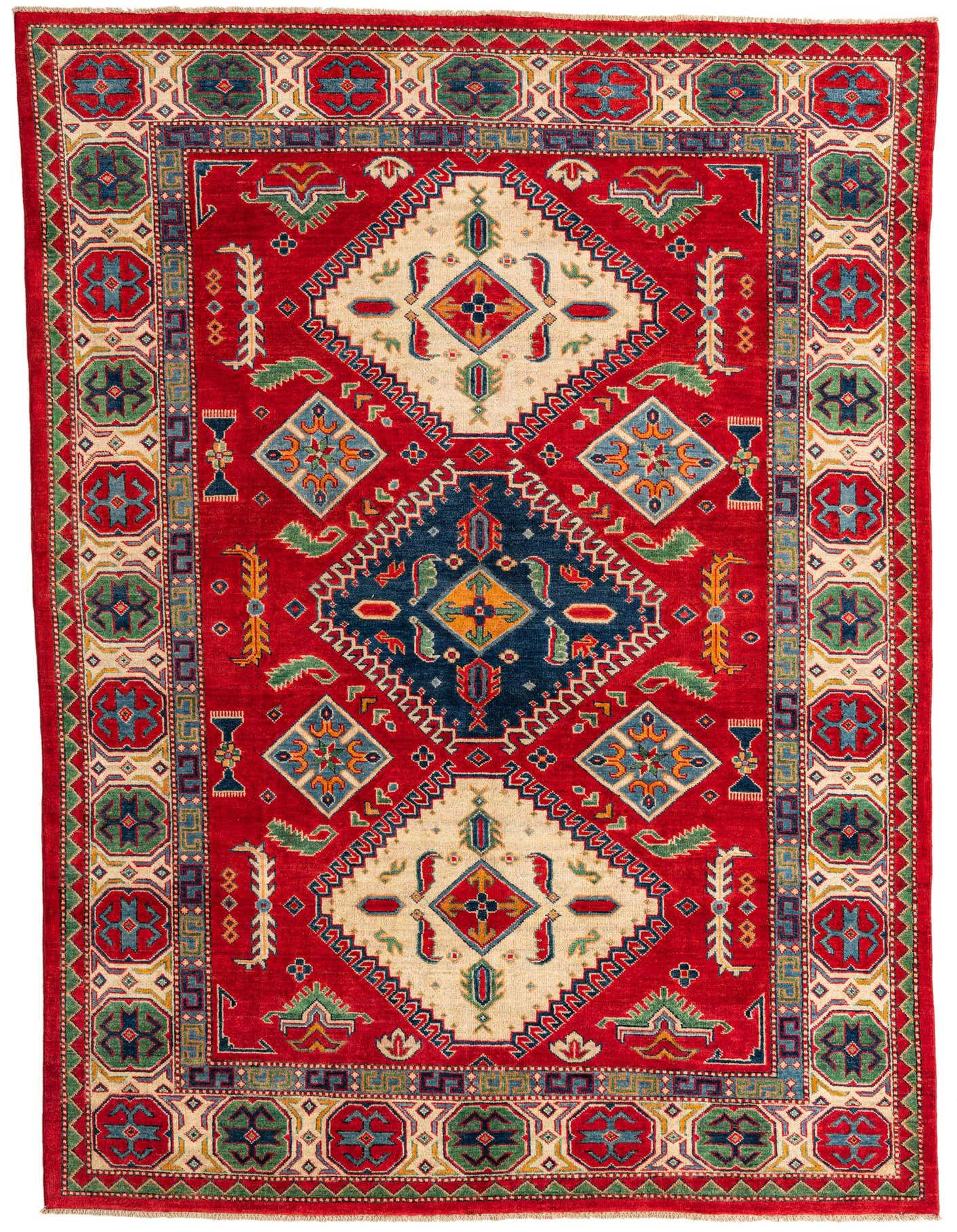 A 6x9 rectangular red rug with a prominent central medallion, geometric patterns, and a multi-colored border, suitable for a living room.