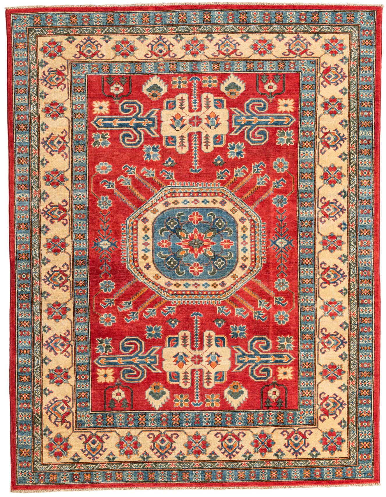 A 6x9 rectangular red rug with a traditional medallion pattern in blue, beige, and red, suitable for a living room.