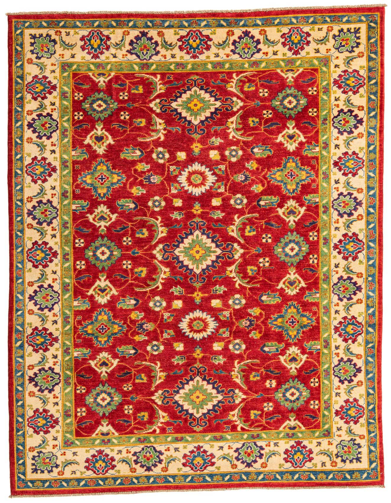 A 6x9 rectangular red traditional rug with intricate Southwestern and Oriental patterns, featuring a cream border with colorful floral motifs.