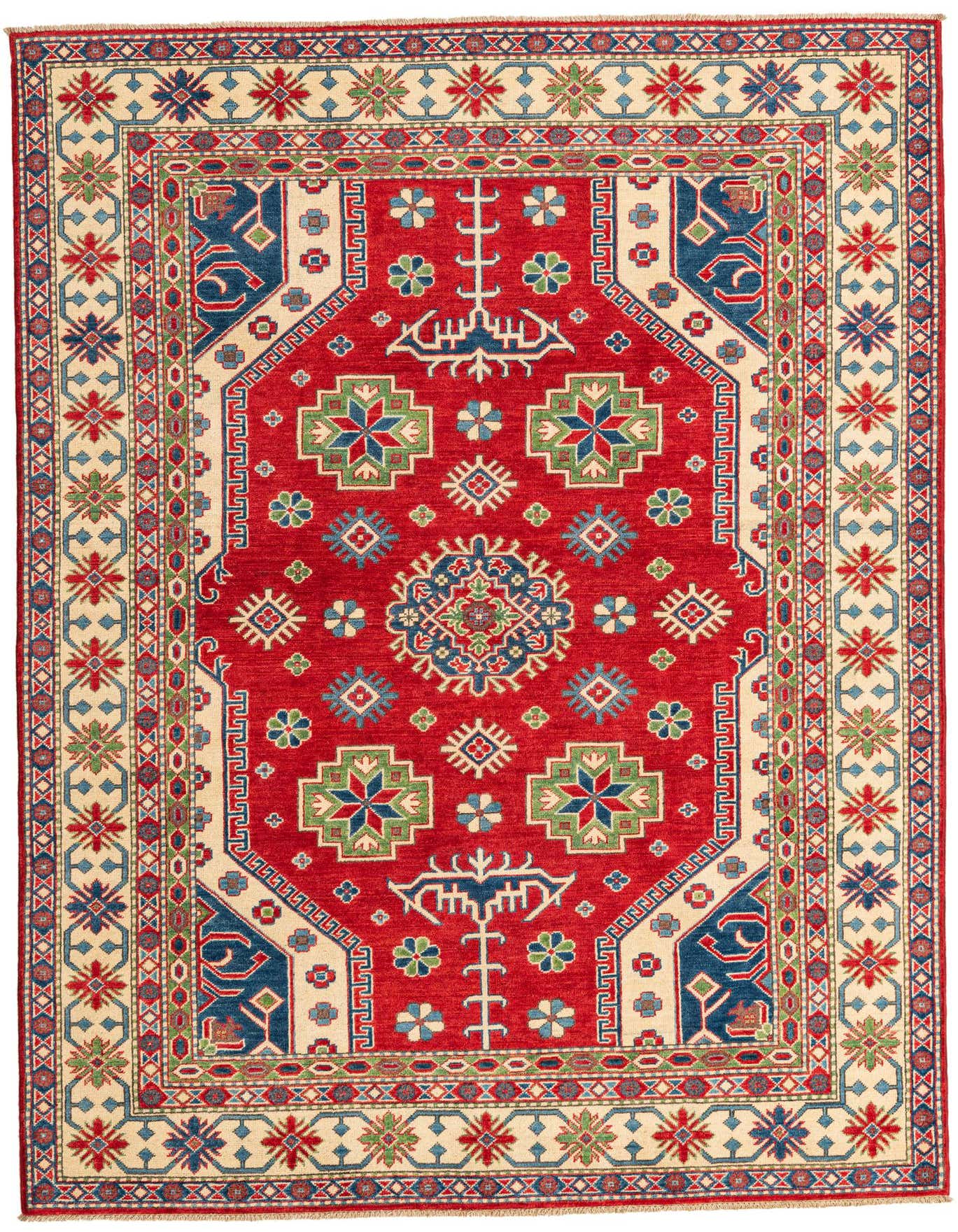 A 6x9 rectangular red Kazak rug with traditional Southwestern and Oriental patterns in blue, green, and cream.