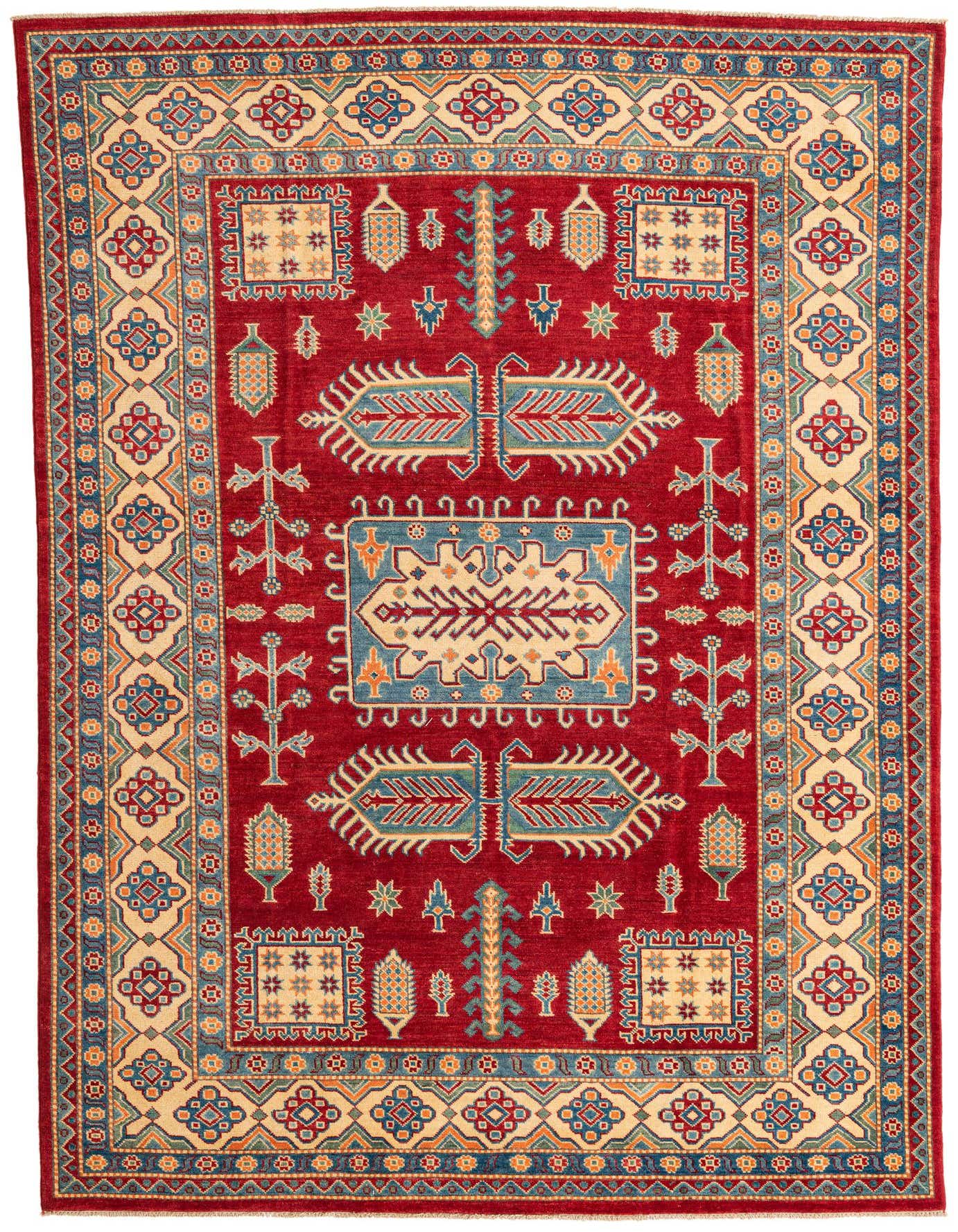A 6x9 rectangular red traditional rug with a central medallion and intricate Southwestern patterns in blue, beige, and orange.
