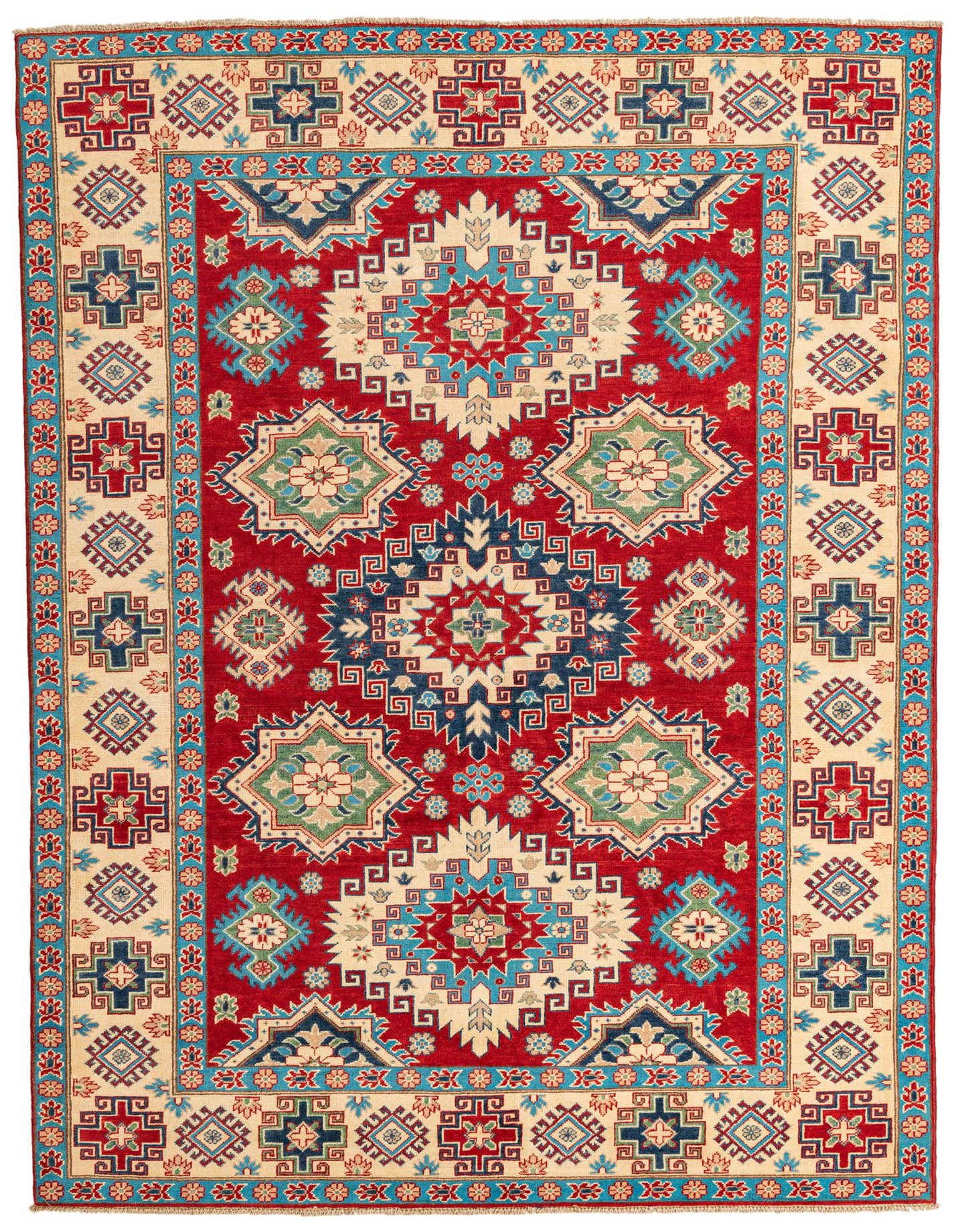 A 7x10 rectangular red Kazak rug with intricate traditional Southwestern patterns in cream, blue, and green.
