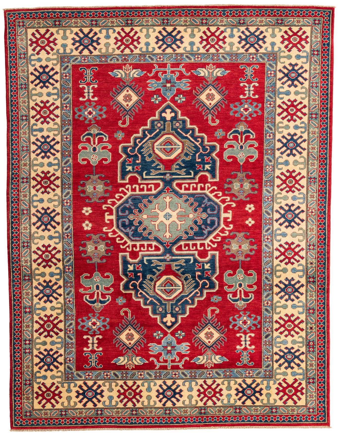 A 7x10 rectangular red Kazak rug with a central medallion and intricate traditional patterns in blue, cream, and red, suitable for a living room.