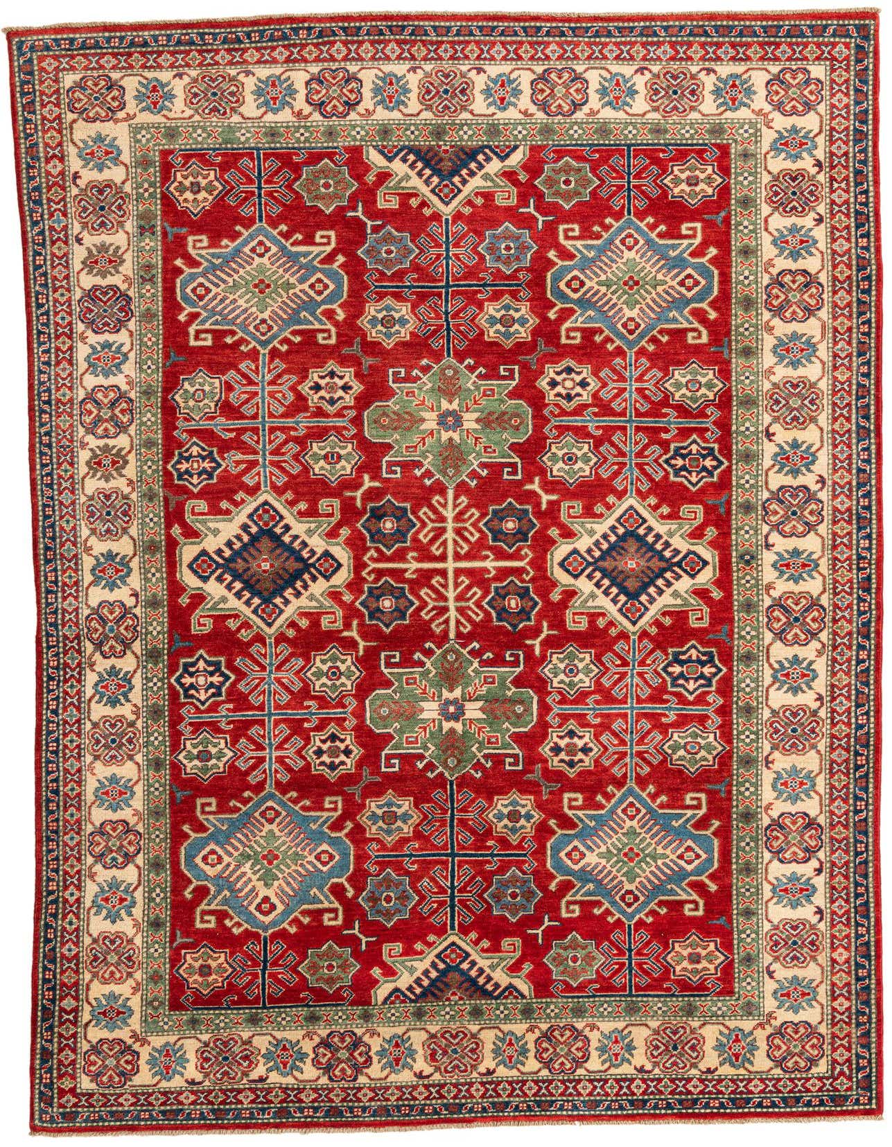 A 6x9 rectangular red Kazak rug with traditional Southwestern and Oriental patterns, featuring intricate geometric motifs in blue, green, and cream.