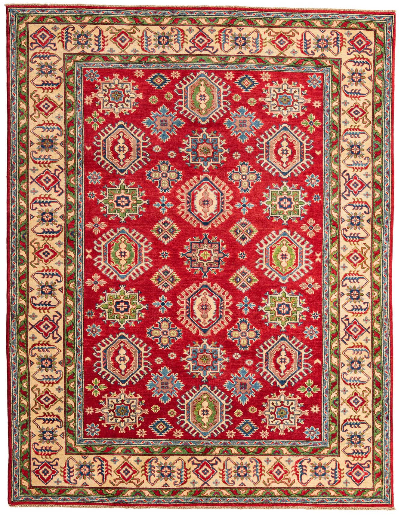 A 6x9 rectangular Rugs.com Kazak rug with a vibrant red field and intricate Southwestern and Oriental patterns in blues, greens, and creams, featuring a detailed border.