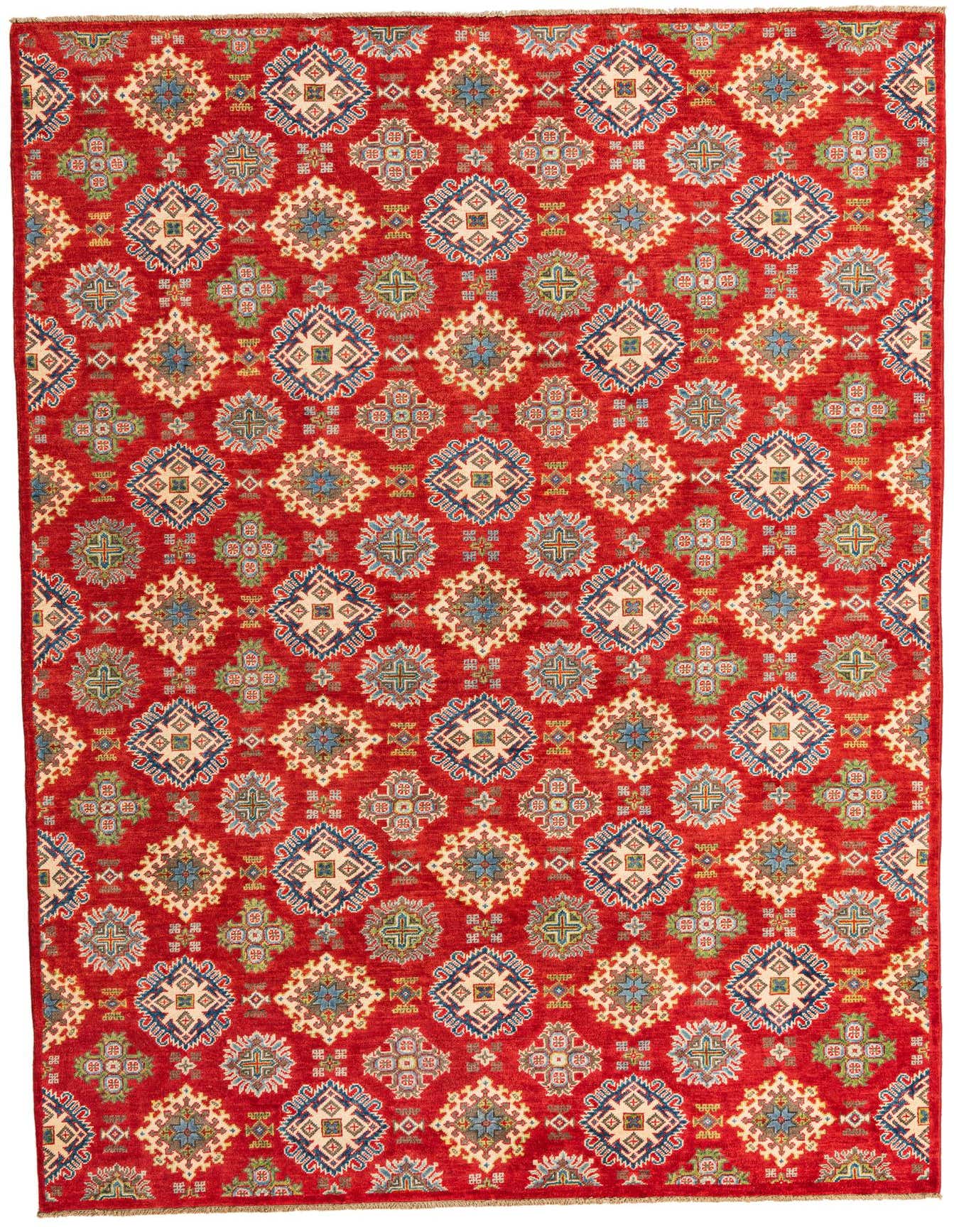 A 7x10 rectangular red area rug with a traditional Southwestern geometric pattern in blues, creams, and greens.