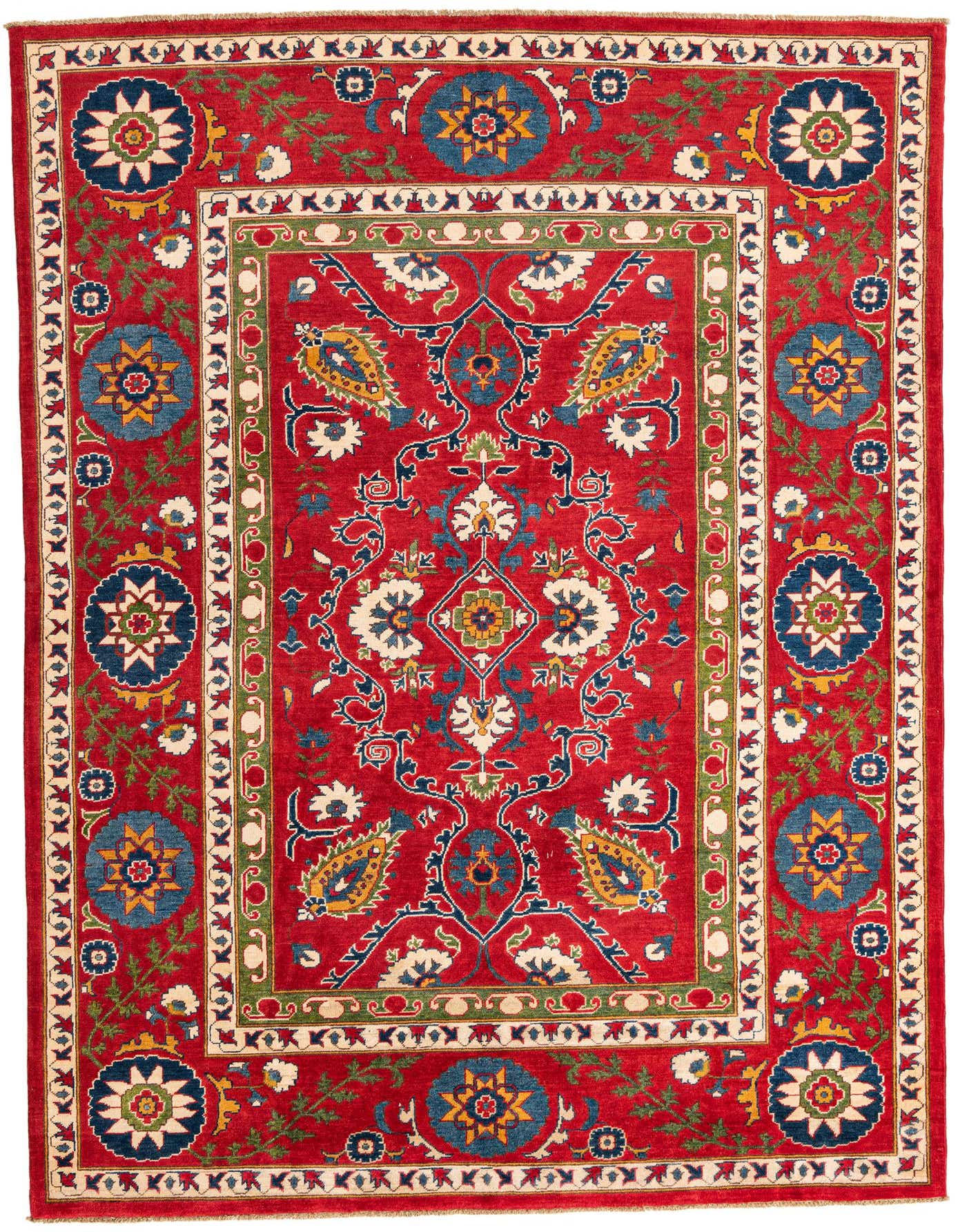 A 7x10 rectangular red Kazak rug with intricate traditional Southwestern and Oriental patterns in blue, yellow, green, and cream.