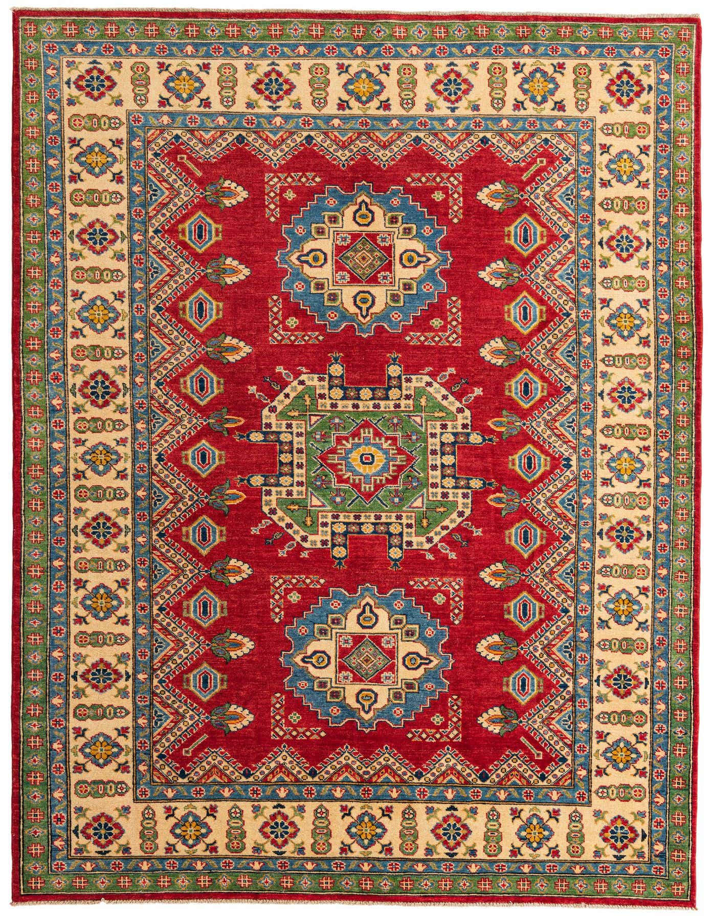 A 7x10 rectangular Kazak rug with a vibrant red field, featuring traditional Southwestern and Oriental patterns in blue, green, and cream.