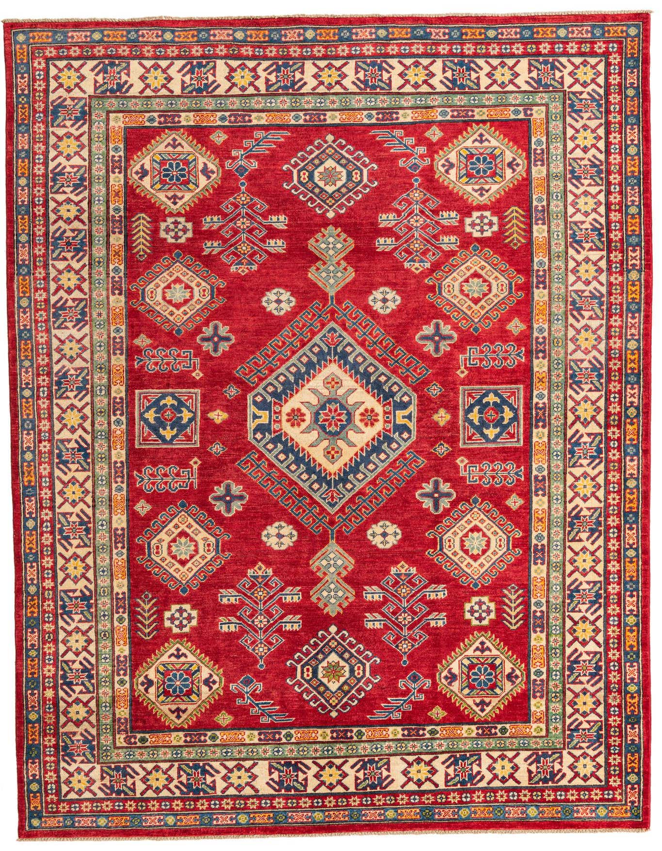 A 6x9 rectangular red Kazak rug with intricate traditional Southwestern and Oriental patterns in blue, yellow, and cream.