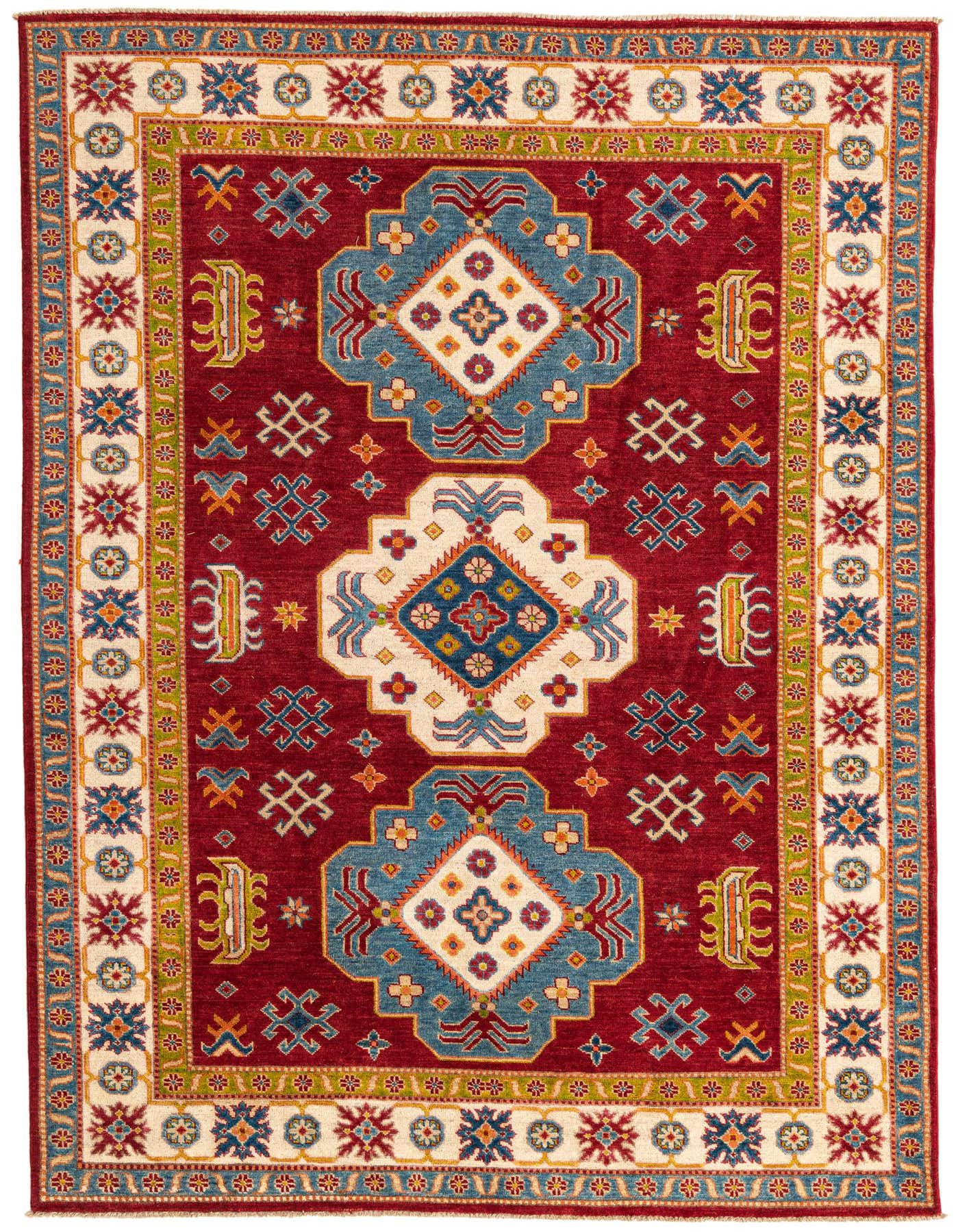 A 6x9 rectangular red Kazak rug with a traditional medallion pattern in blue, cream, and green.