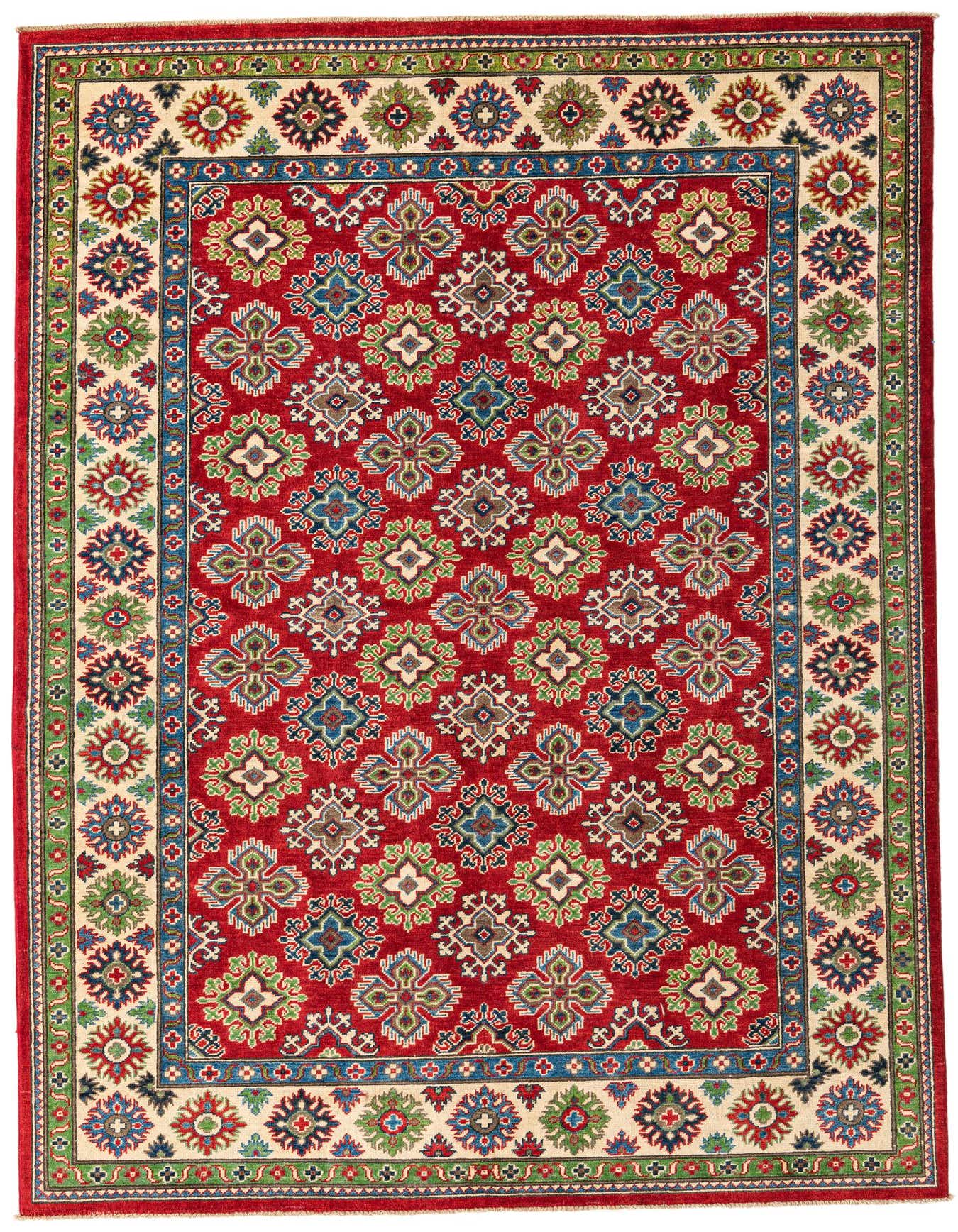 A 6x9 rectangular Rugs.com Kazak rug with a red field and traditional Southwestern pattern, featuring a multi-color border.