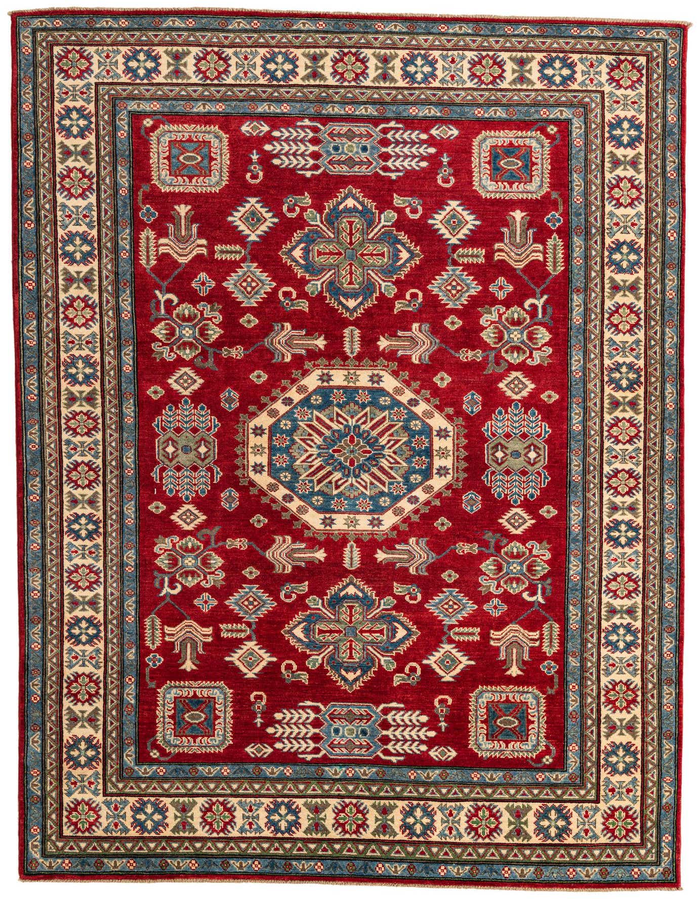 A 7x10 rectangular red area rug with a traditional Southwestern medallion pattern in blue, cream, and green.