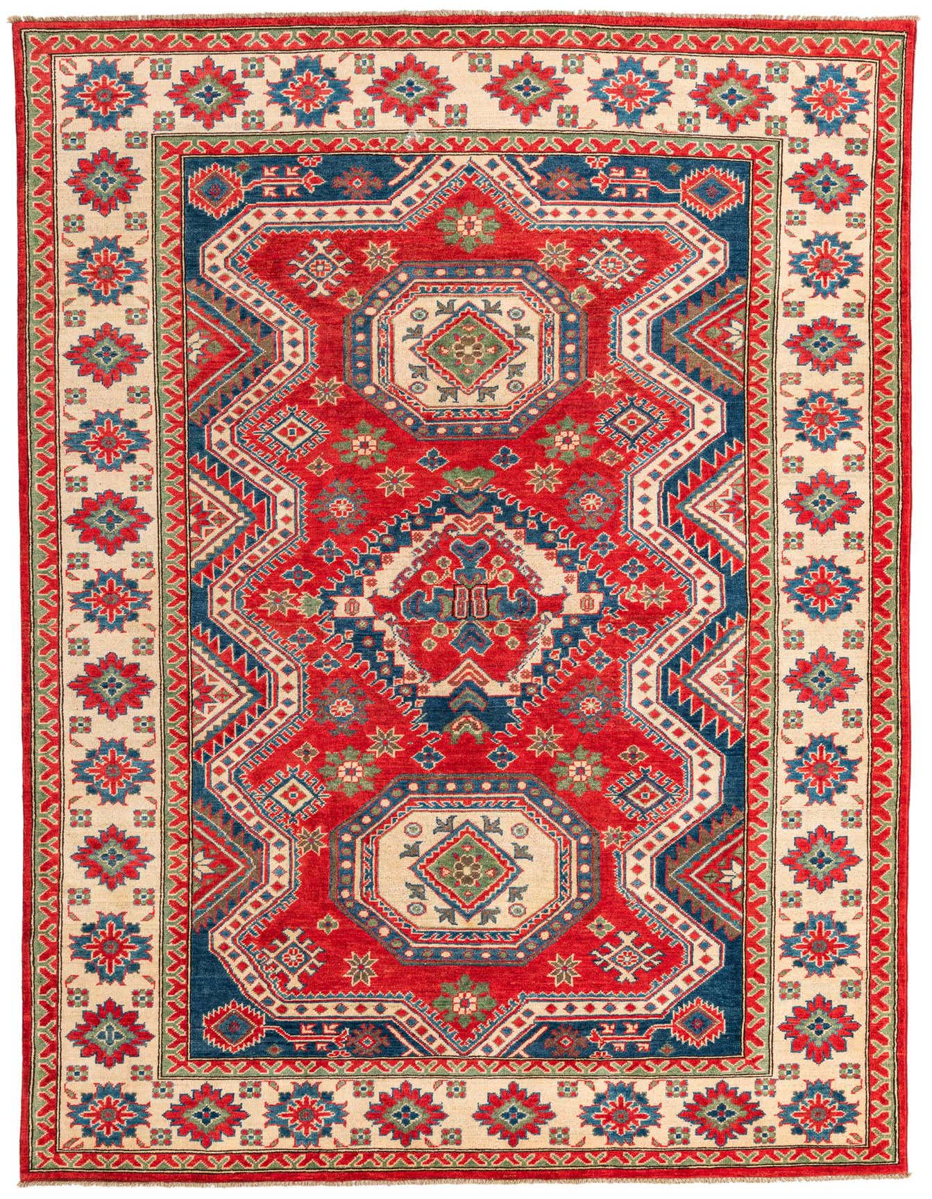 A 6x9 rectangular red Kazak rug featuring a traditional Southwestern medallion pattern in blue, cream, and green.