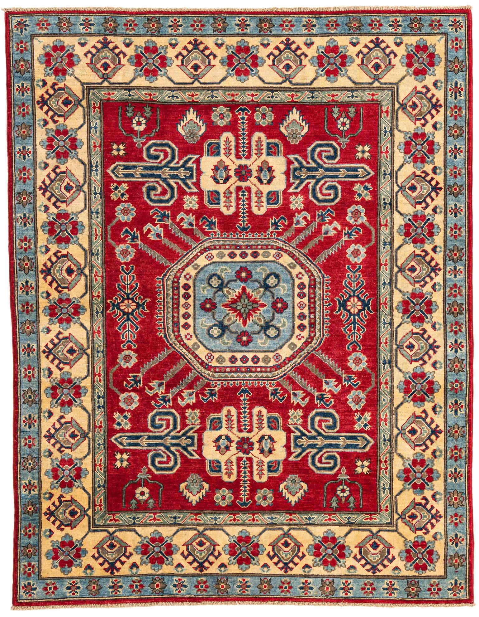 A 5x7 rectangular red Kazak rug with a central medallion and intricate traditional patterns in blue, cream, and red.