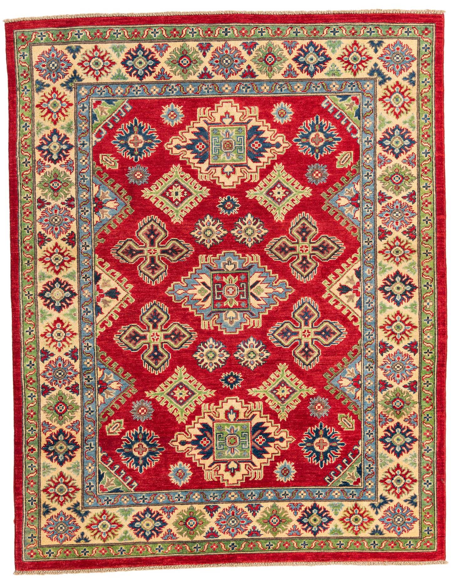 A 5x7 rectangular red Kazak rug with traditional Southwestern and Oriental patterns in blues, greens, and creams.
