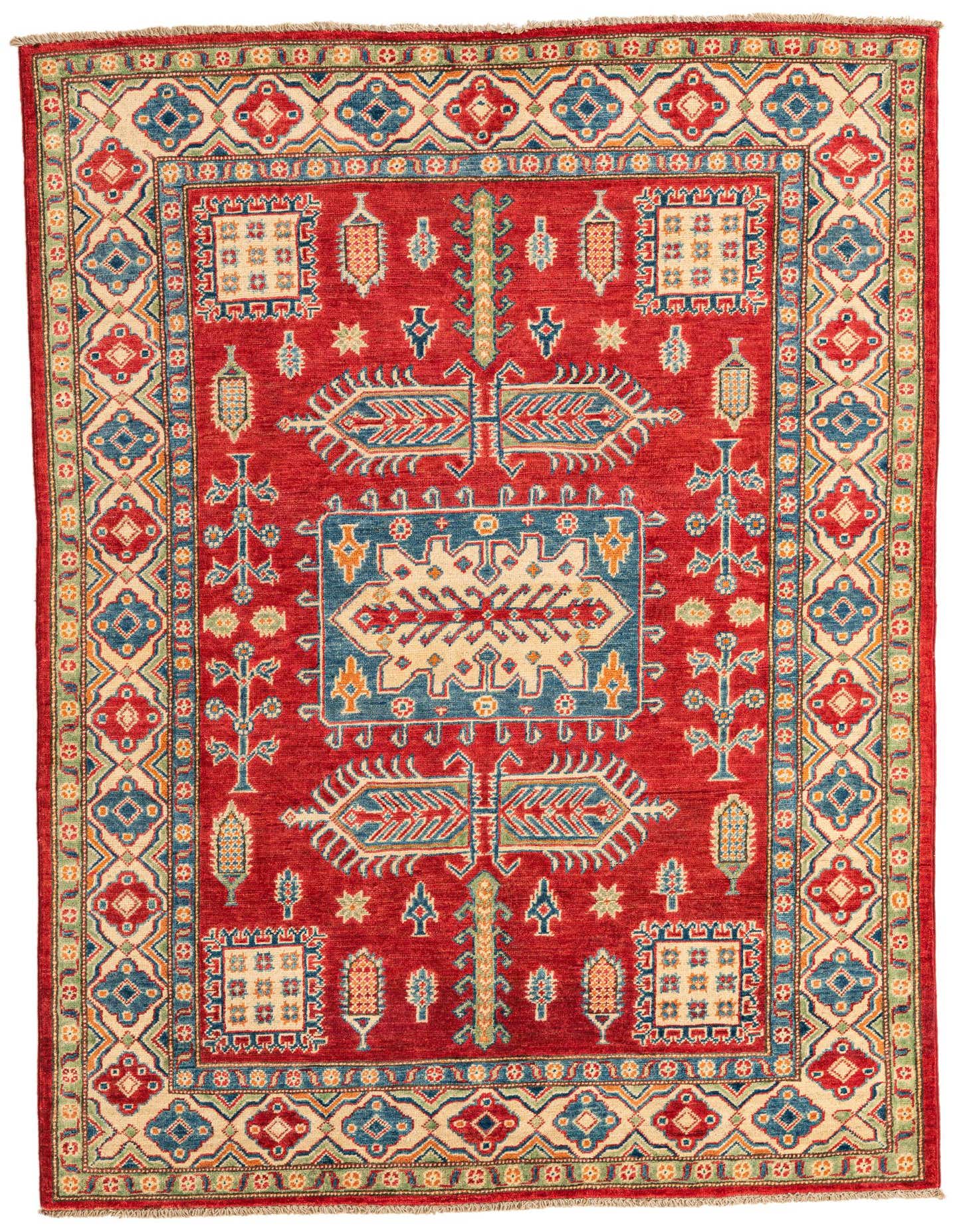A 5x7 rectangular red Kazak rug with a central medallion and intricate traditional patterns in blue, cream, and green.