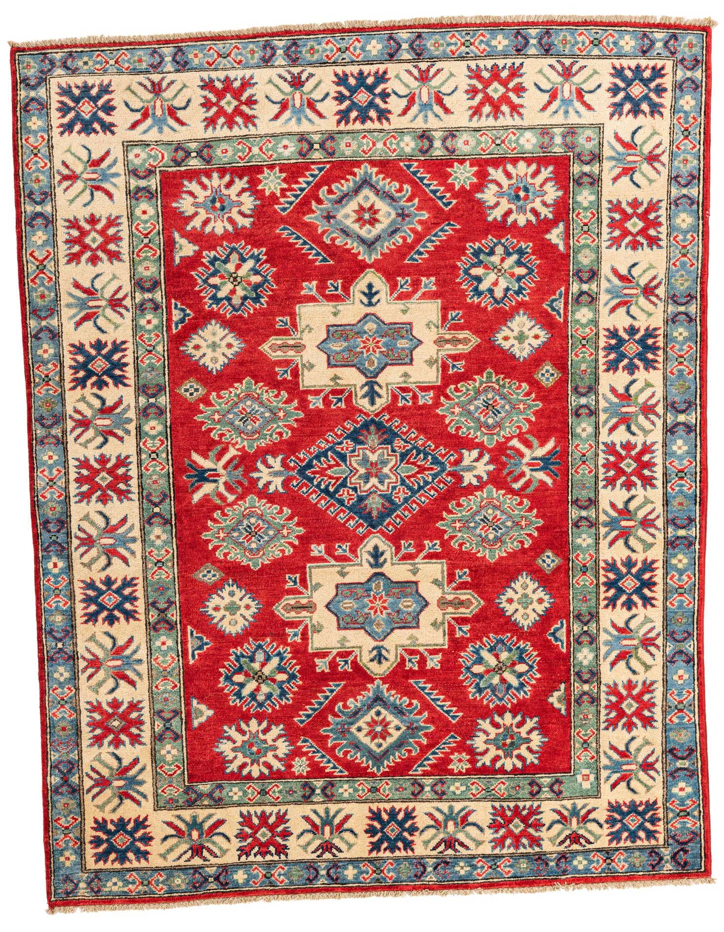 A 5x7 rectangular red Kazak rug with traditional Southwestern and Oriental patterns in blue, cream, and green.