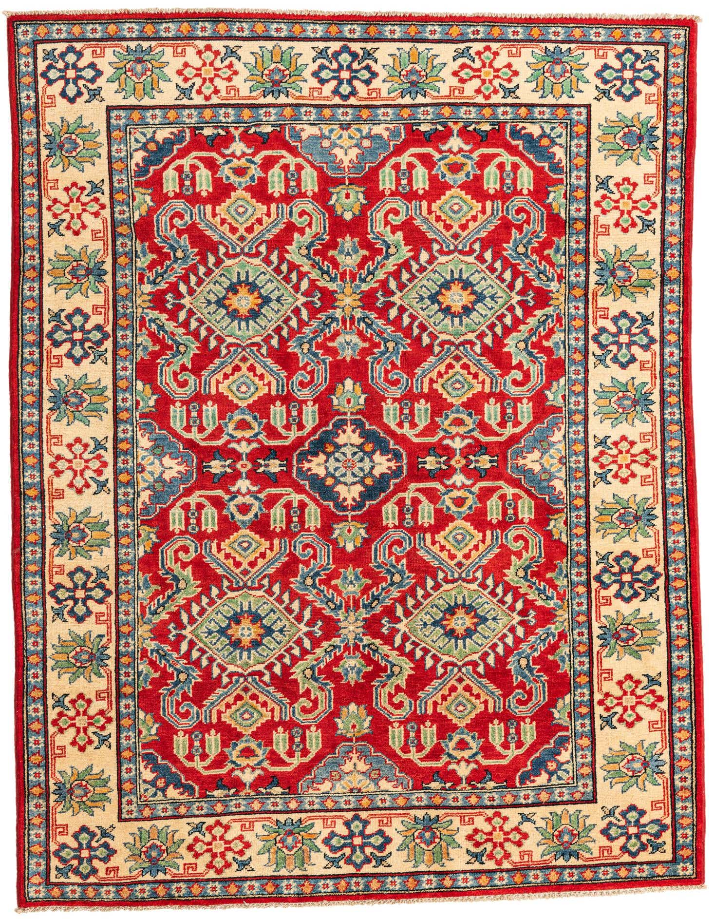 A 5x7 rectangular red Kazak rug with intricate traditional Southwestern and Oriental patterns in blue, green, and cream.