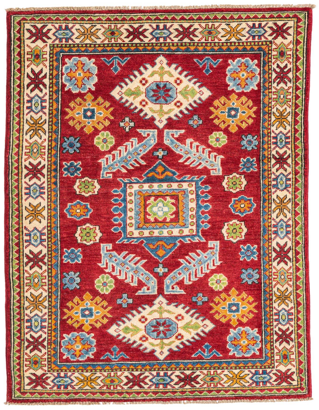 A 3x5 rectangular red Kazak rug with a central medallion and geometric patterns in blue, yellow, green, and cream.