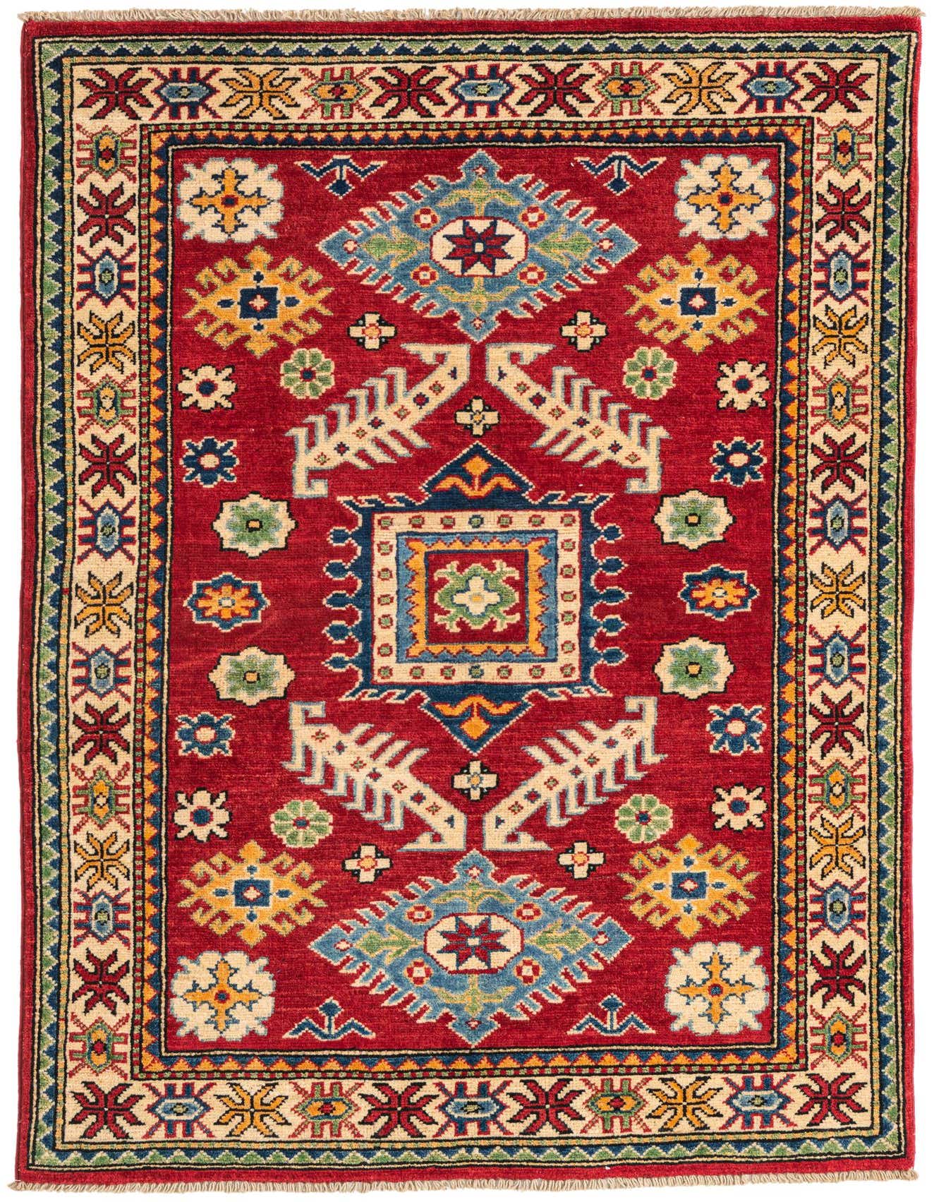 A 3x5 rectangular red rug with a traditional Southwestern medallion pattern and intricate borders, handmade from wool.
