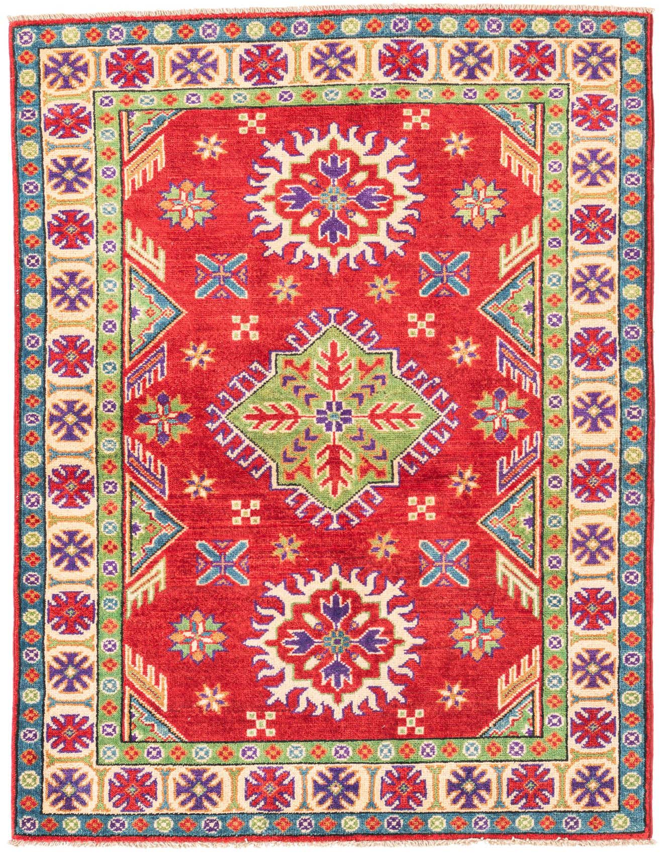 A 3x5 rectangular red rug with a traditional Southwestern medallion pattern in green, blue, purple, and cream, ideal for an entryway.