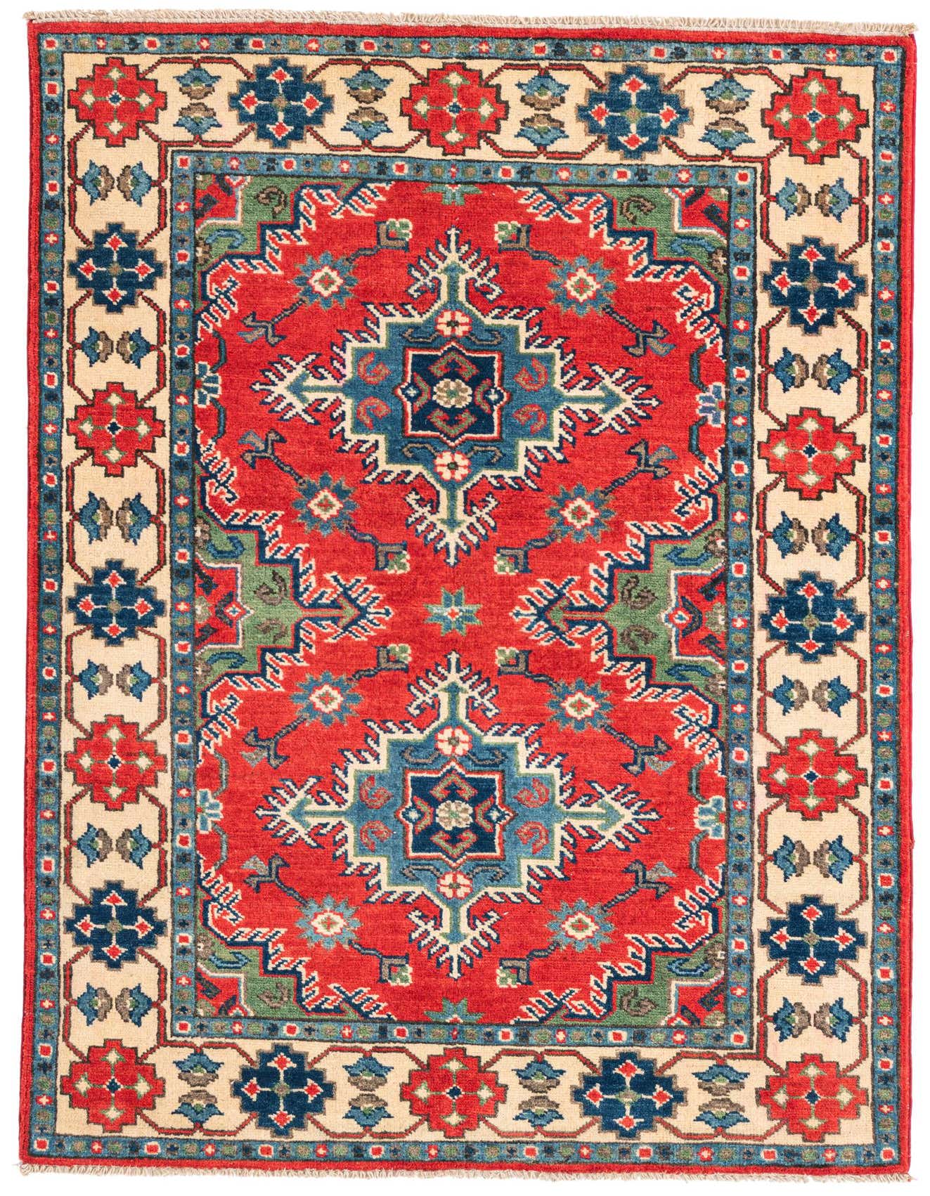 A 3x5 rectangular red rug with a traditional Southwestern medallion pattern in blue, green, and cream, ideal for a kitchen or entryway.