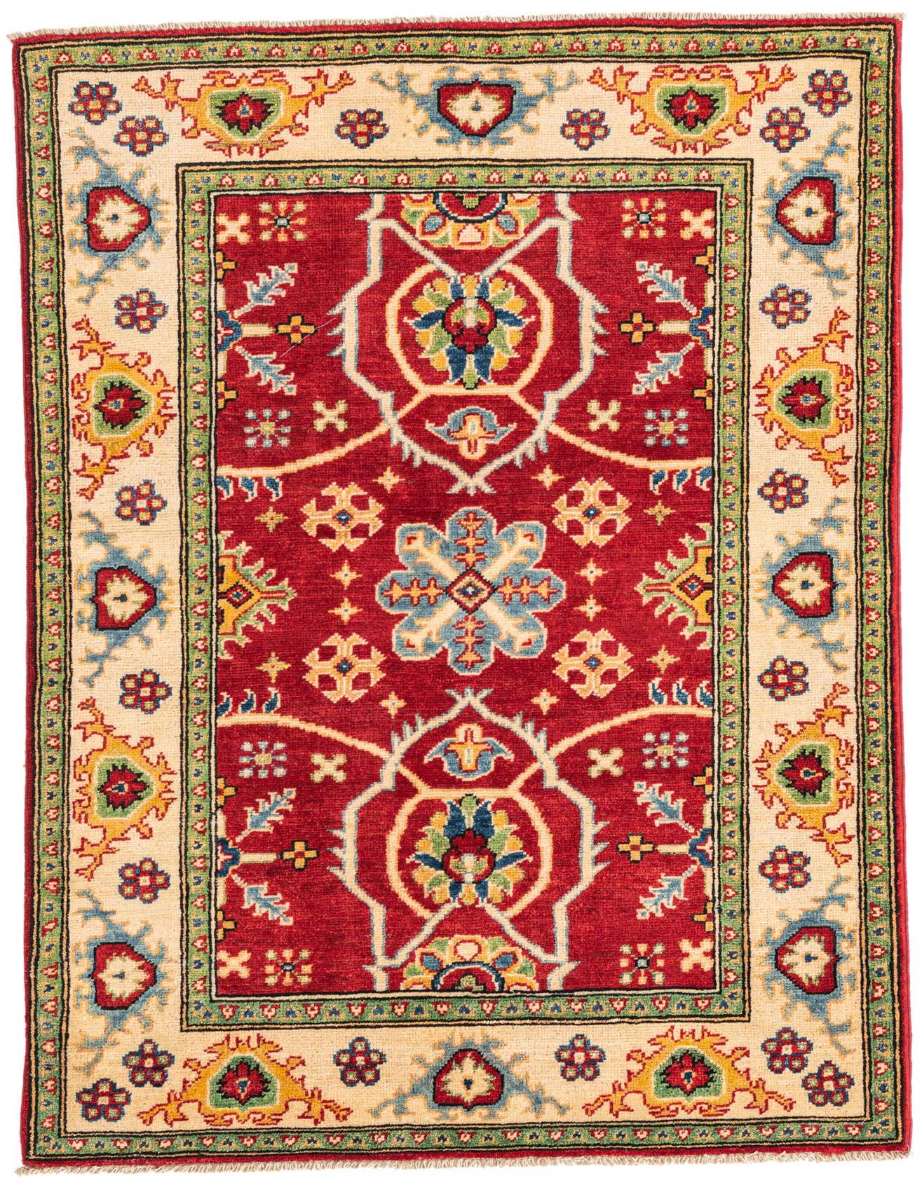 A 3x5 rectangular Rugs.com Kazak rug with a red field, cream border, and intricate traditional Southwestern medallion patterns in blue, green, and yellow.