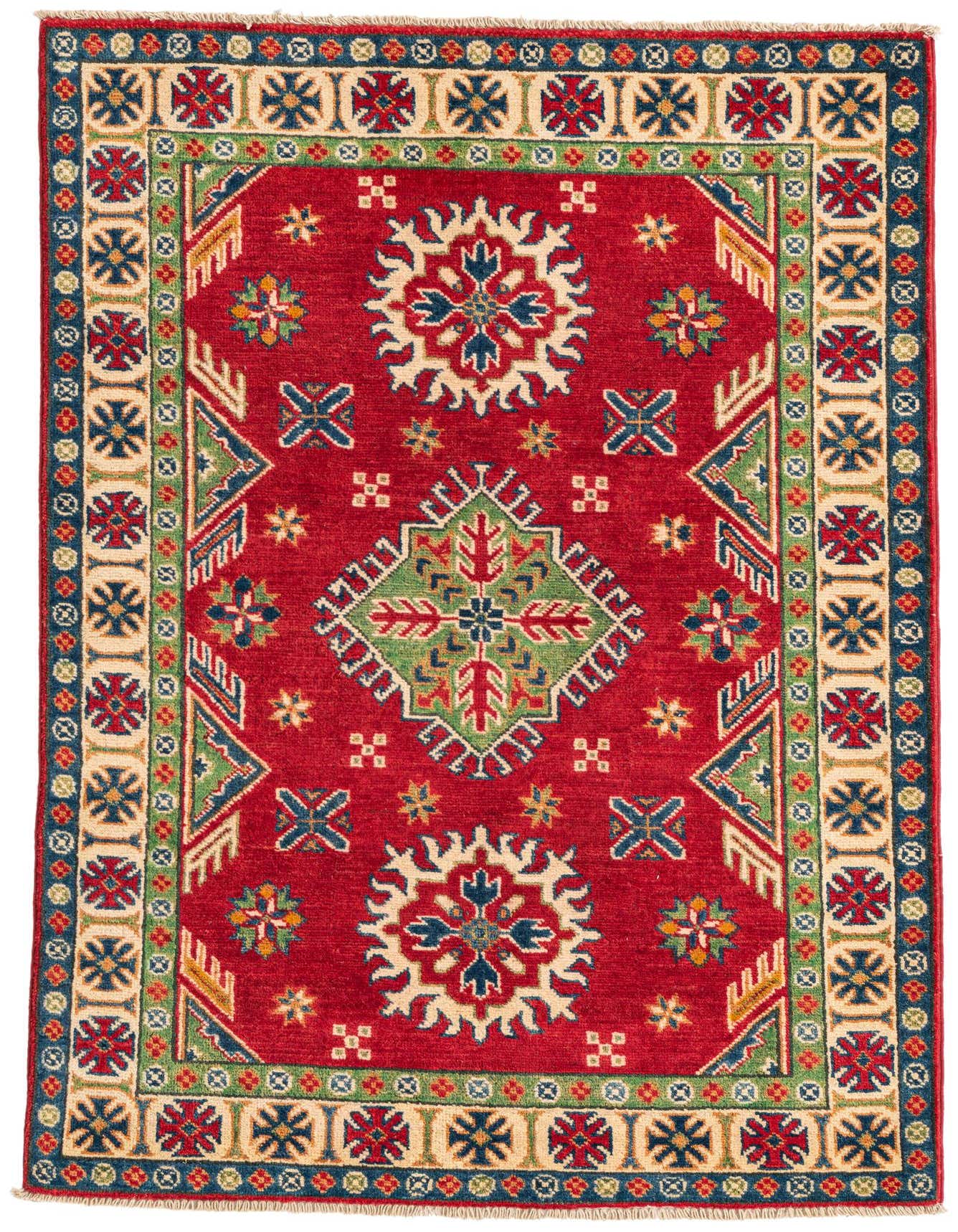 A 3x5 rectangular red Kazak rug with traditional Southwestern and Oriental patterns, featuring a central medallion and intricate borders in blue, green, and cream.