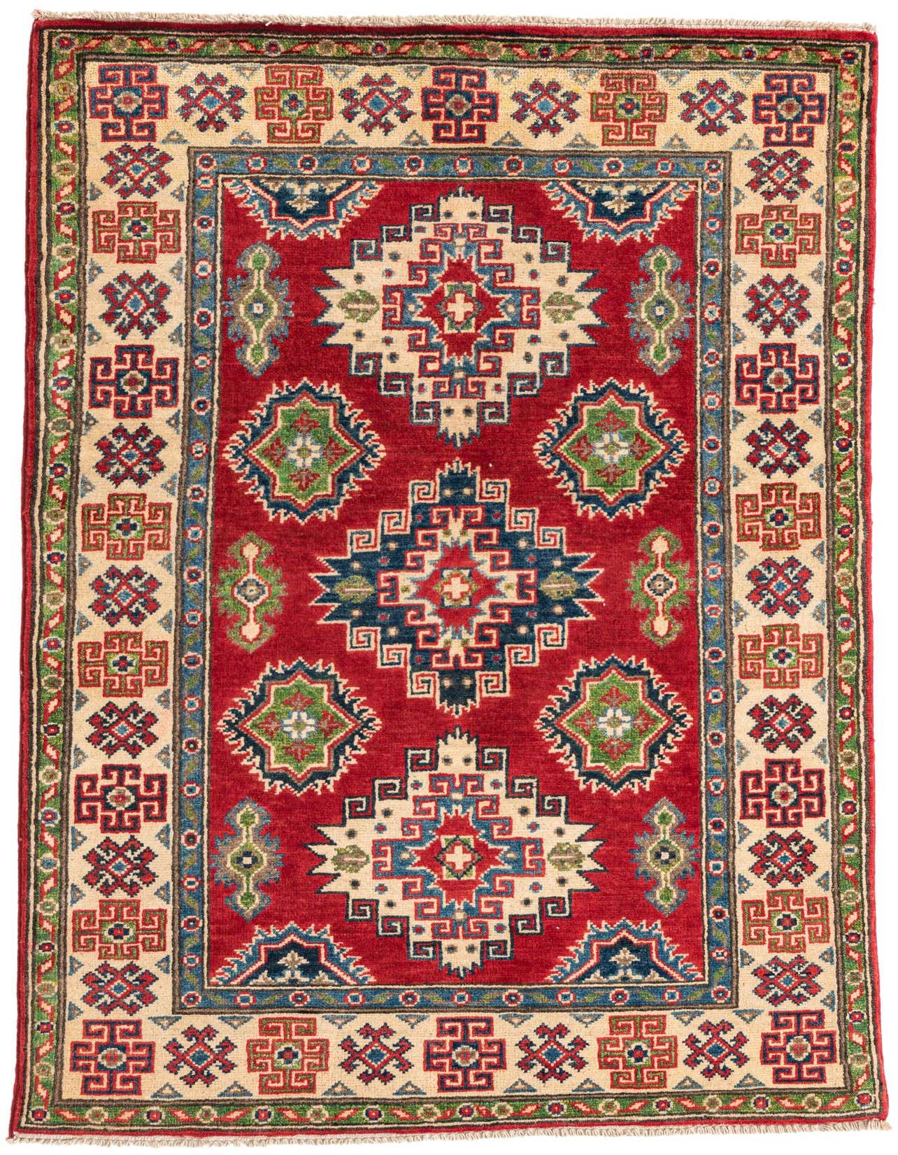 A 3x5 rectangular red rug with a traditional Southwestern medallion pattern in cream, blue, and green, perfect for an entryway.