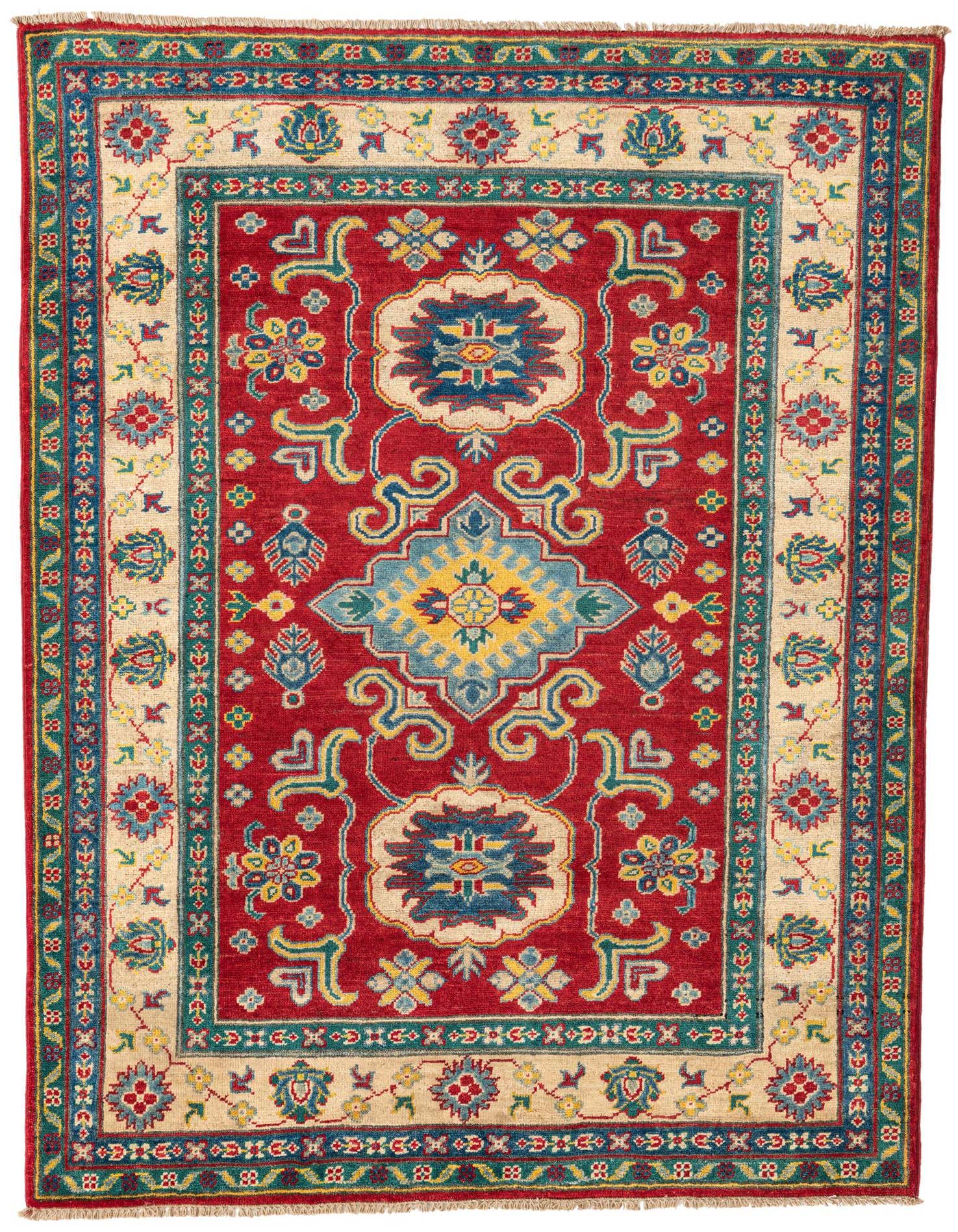 A 4x6 rectangular red Kazak rug with a traditional medallion pattern and intricate borders in blue, yellow, and cream.