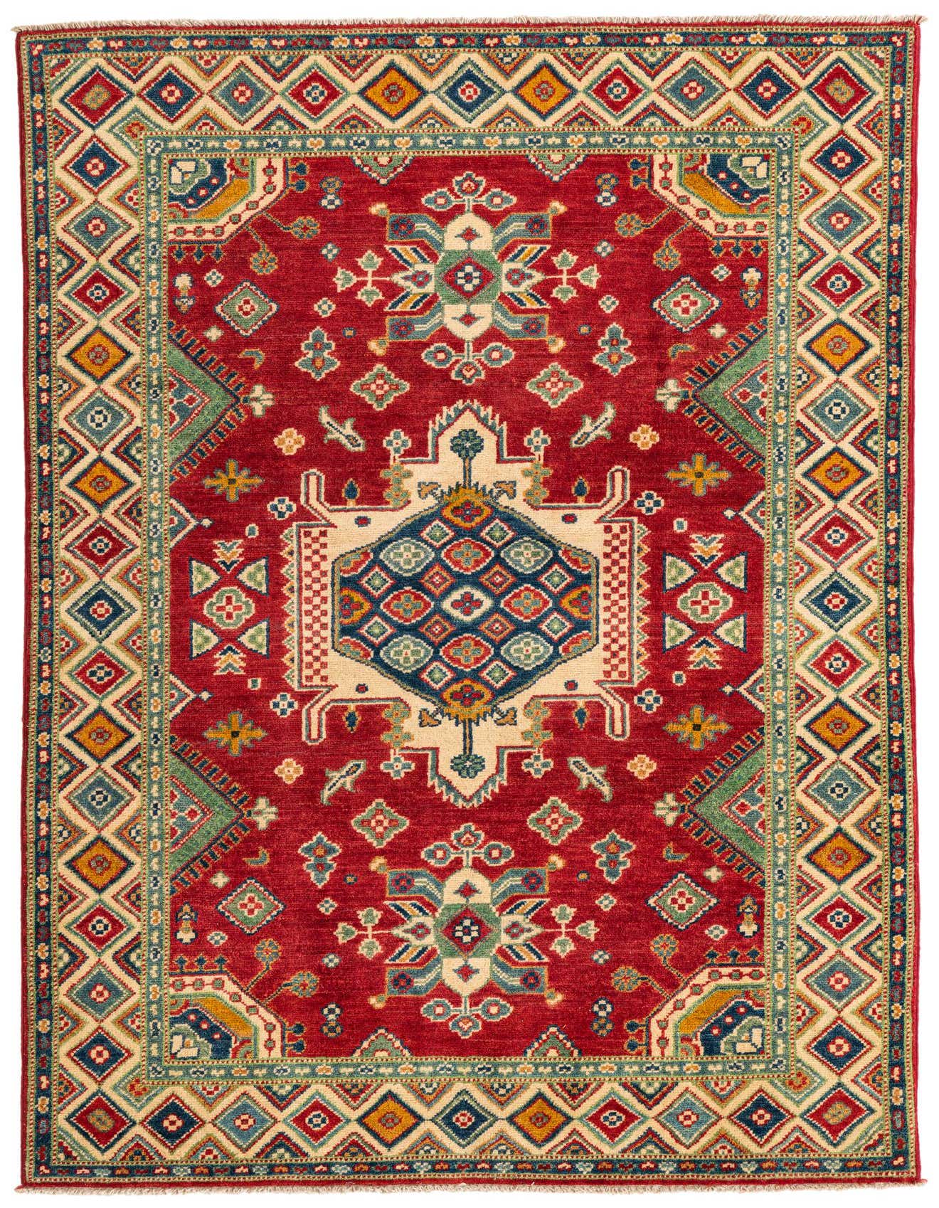 A 4x6 rectangular red wool rug with a traditional medallion design and intricate geometric border in blues, greens, and creams.