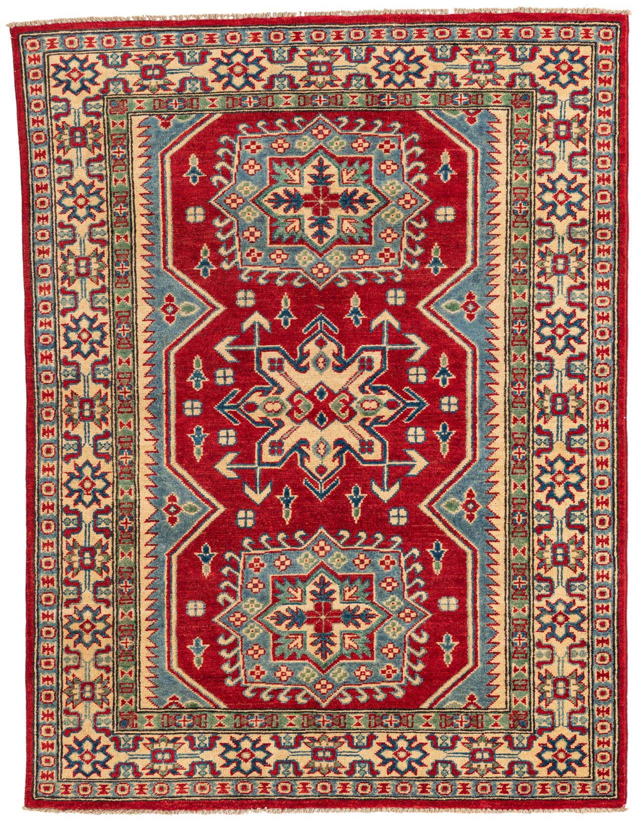 A 4x6 rectangular Rugs.com Kazak rug with a vibrant red field, light blue accents, and a cream border featuring traditional Southwestern and Oriental medallion patterns.