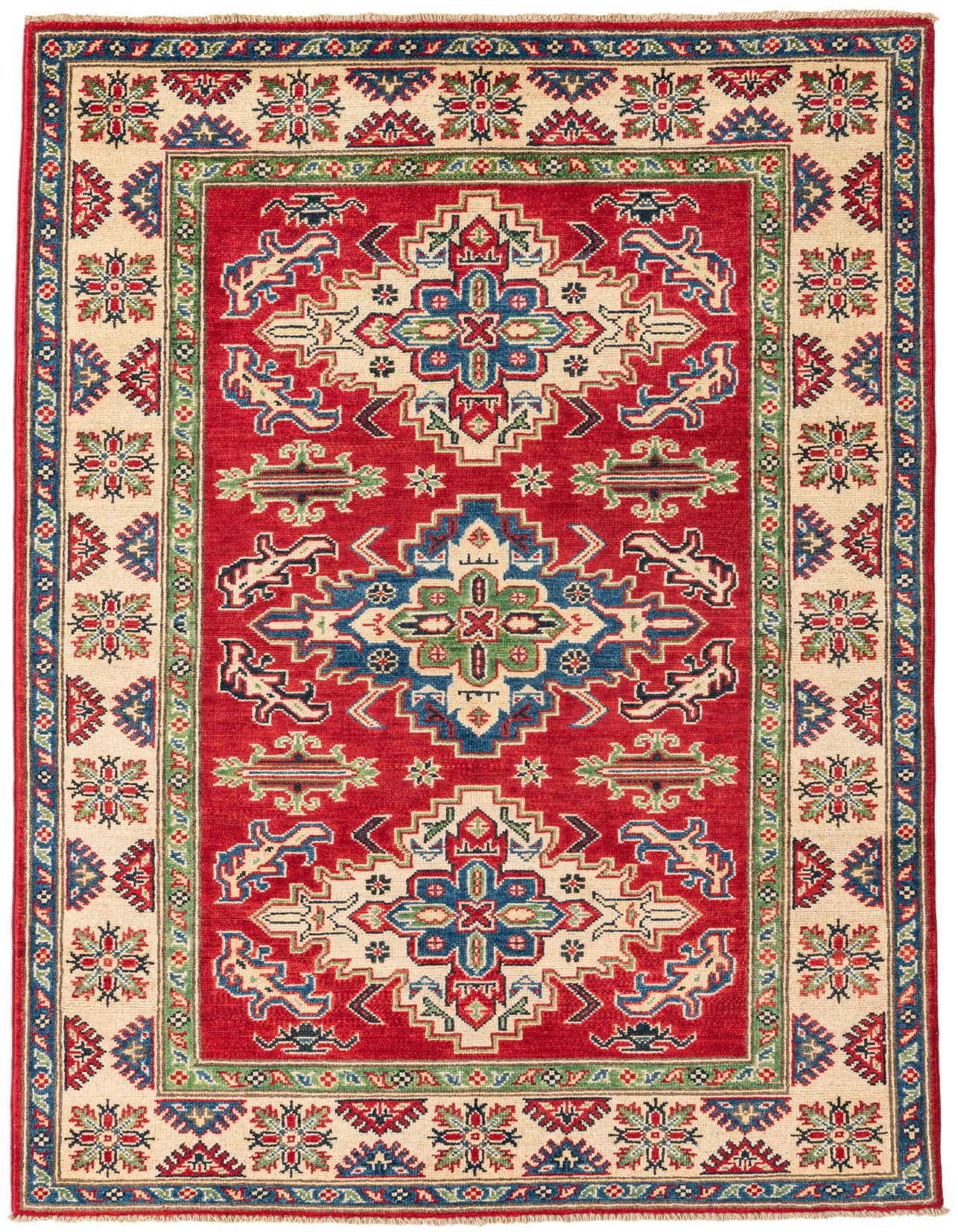A 4x6 rectangular red wool rug with a traditional Southwestern medallion pattern and a cream border, suitable for a living room or entryway.