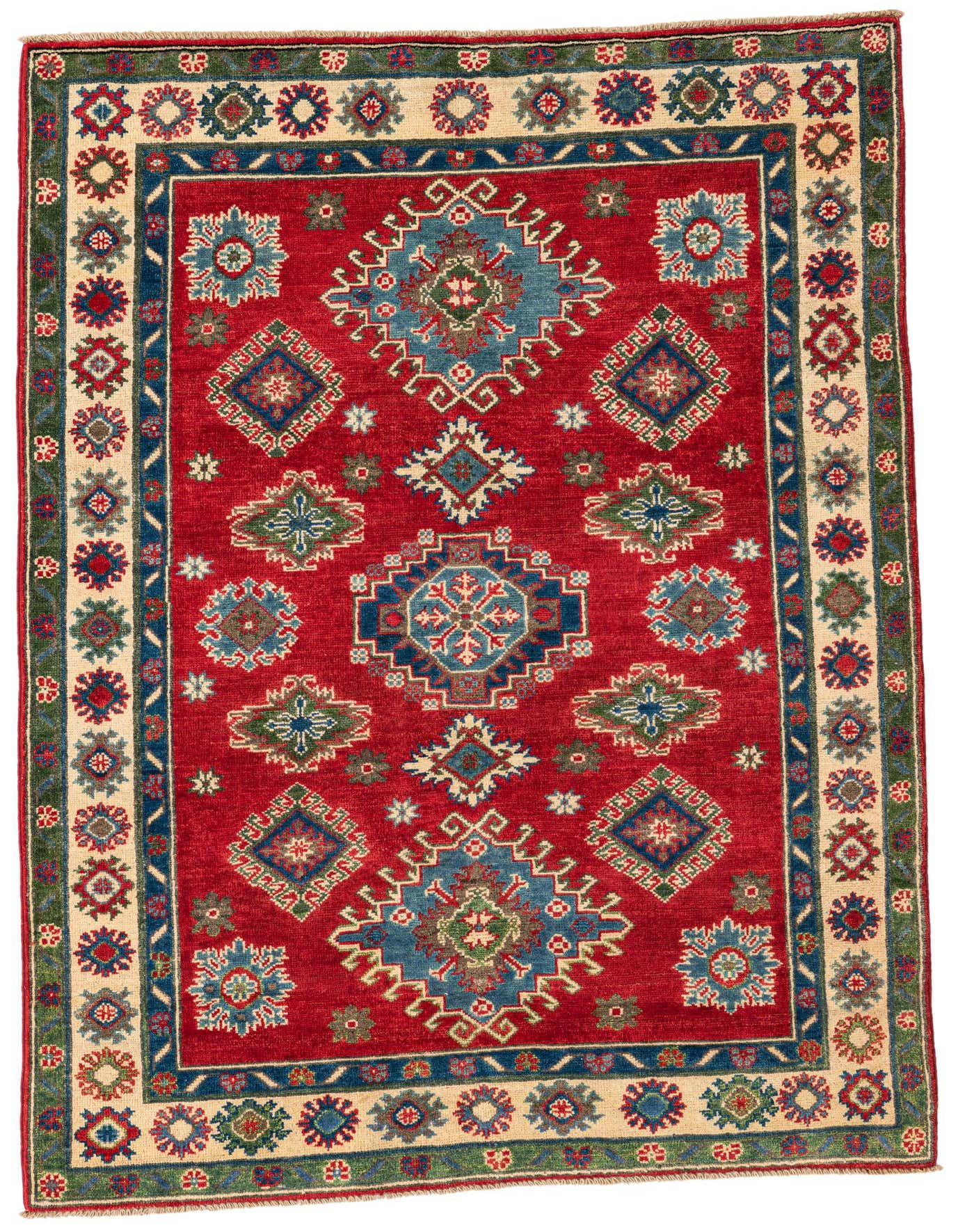 A 4x6 rectangular red traditional Kazak wool rug with intricate geometric patterns in blue, green, and cream.