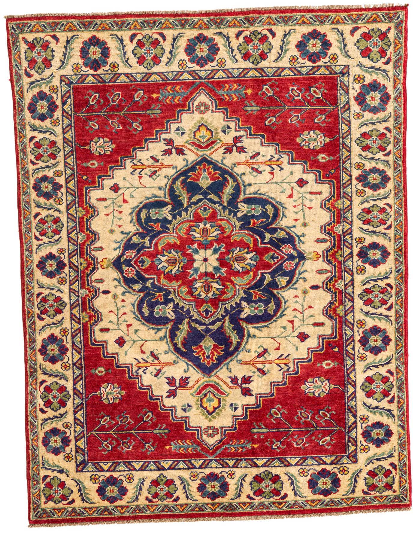 A 4x6 rectangular red and cream traditional rug with a central medallion and floral border.